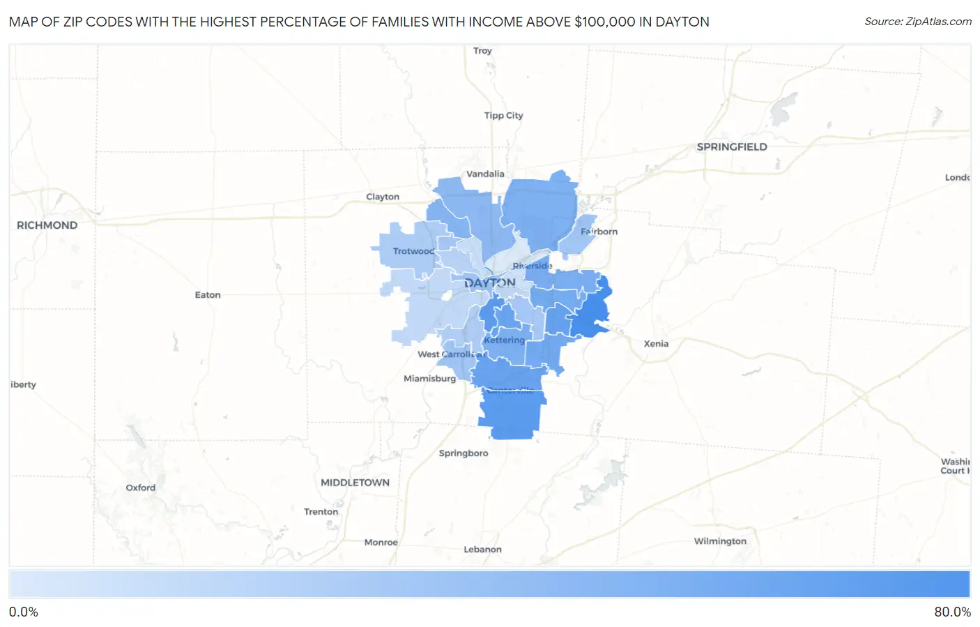 Zip Codes with the Highest Percentage of Families with Income Above $100,000 in Dayton Map