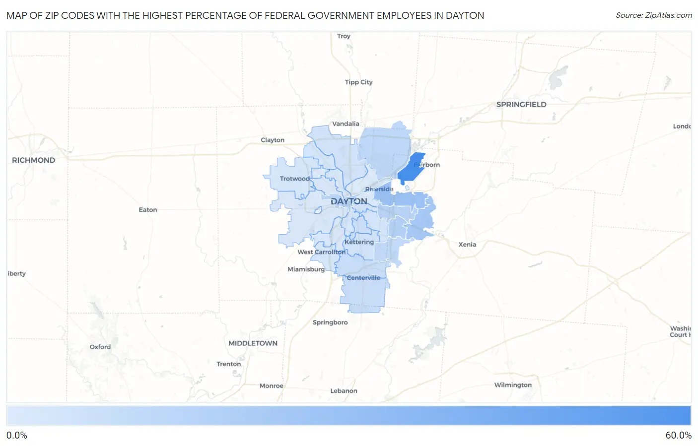 Zip Codes with the Highest Percentage of Federal Government Employees in Dayton Map