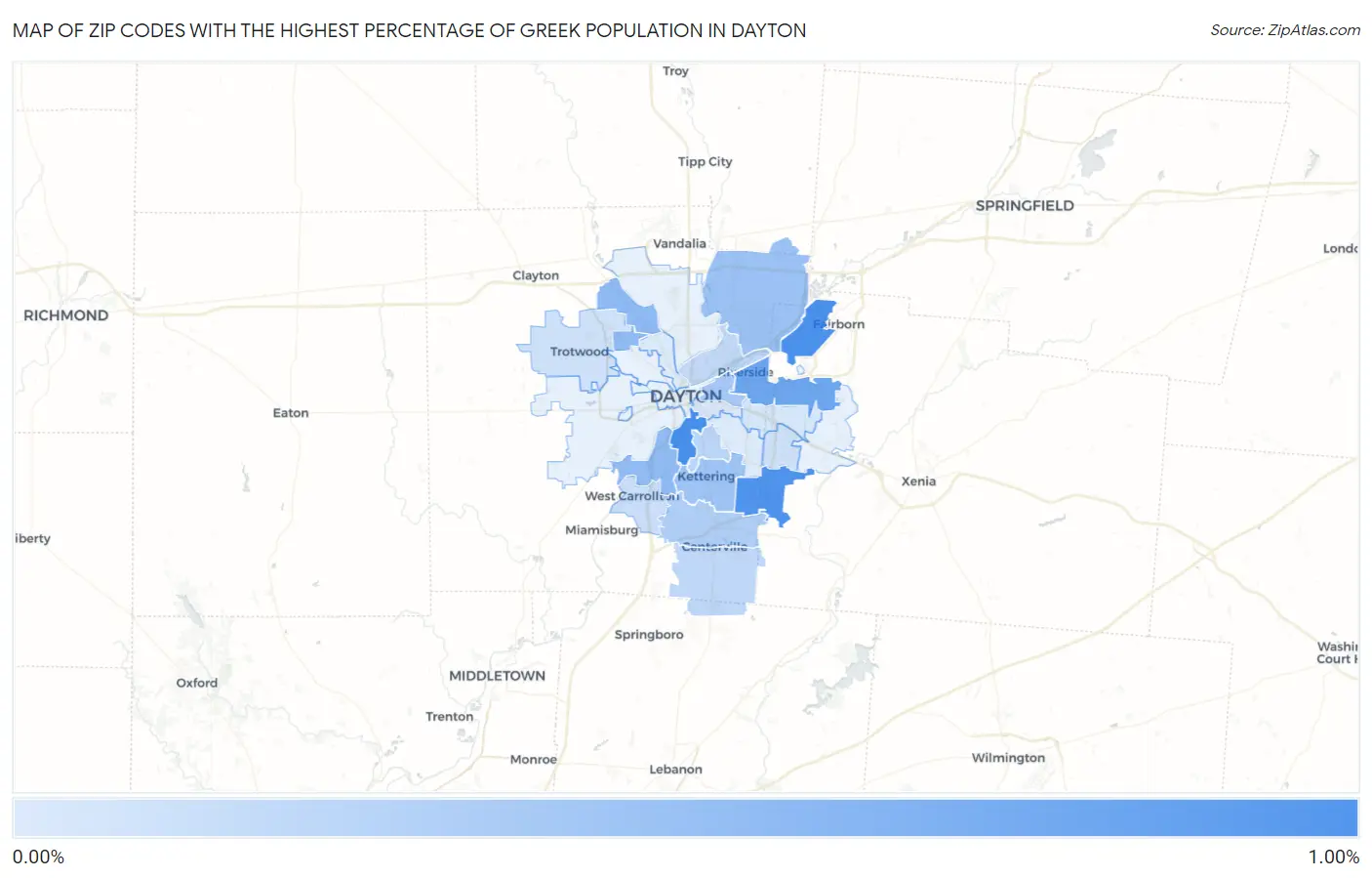 Zip Codes with the Highest Percentage of Greek Population in Dayton Map