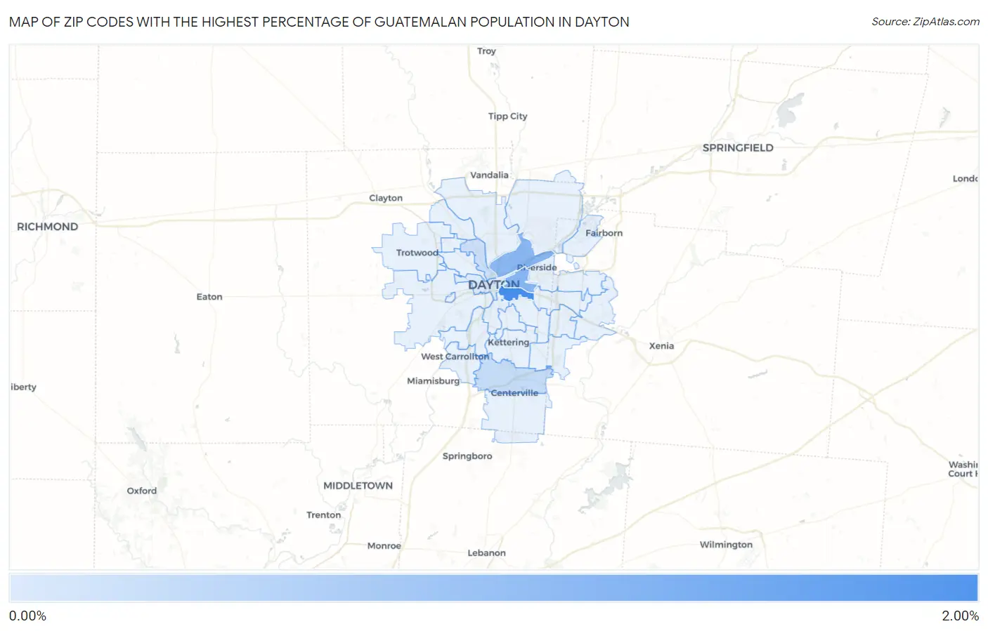 Zip Codes with the Highest Percentage of Guatemalan Population in Dayton Map