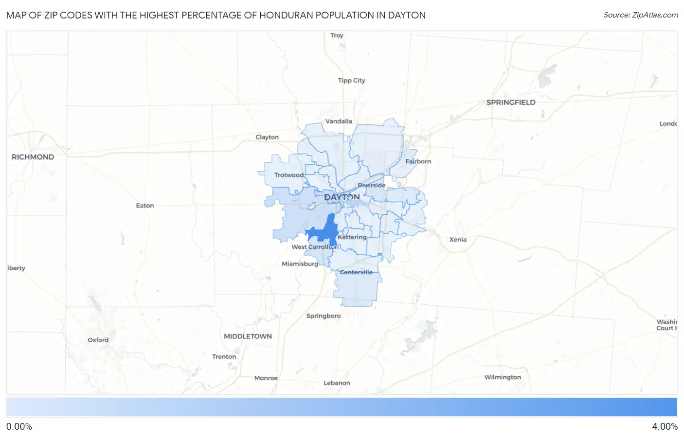 Zip Codes with the Highest Percentage of Honduran Population in Dayton Map