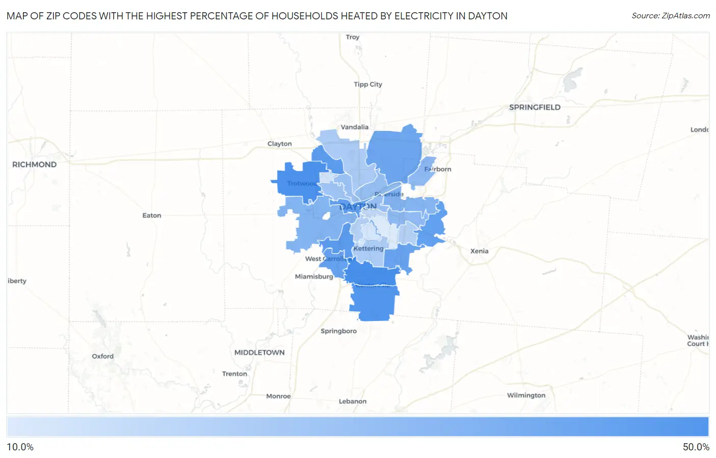 Zip Codes with the Highest Percentage of Households Heated by Electricity in Dayton Map