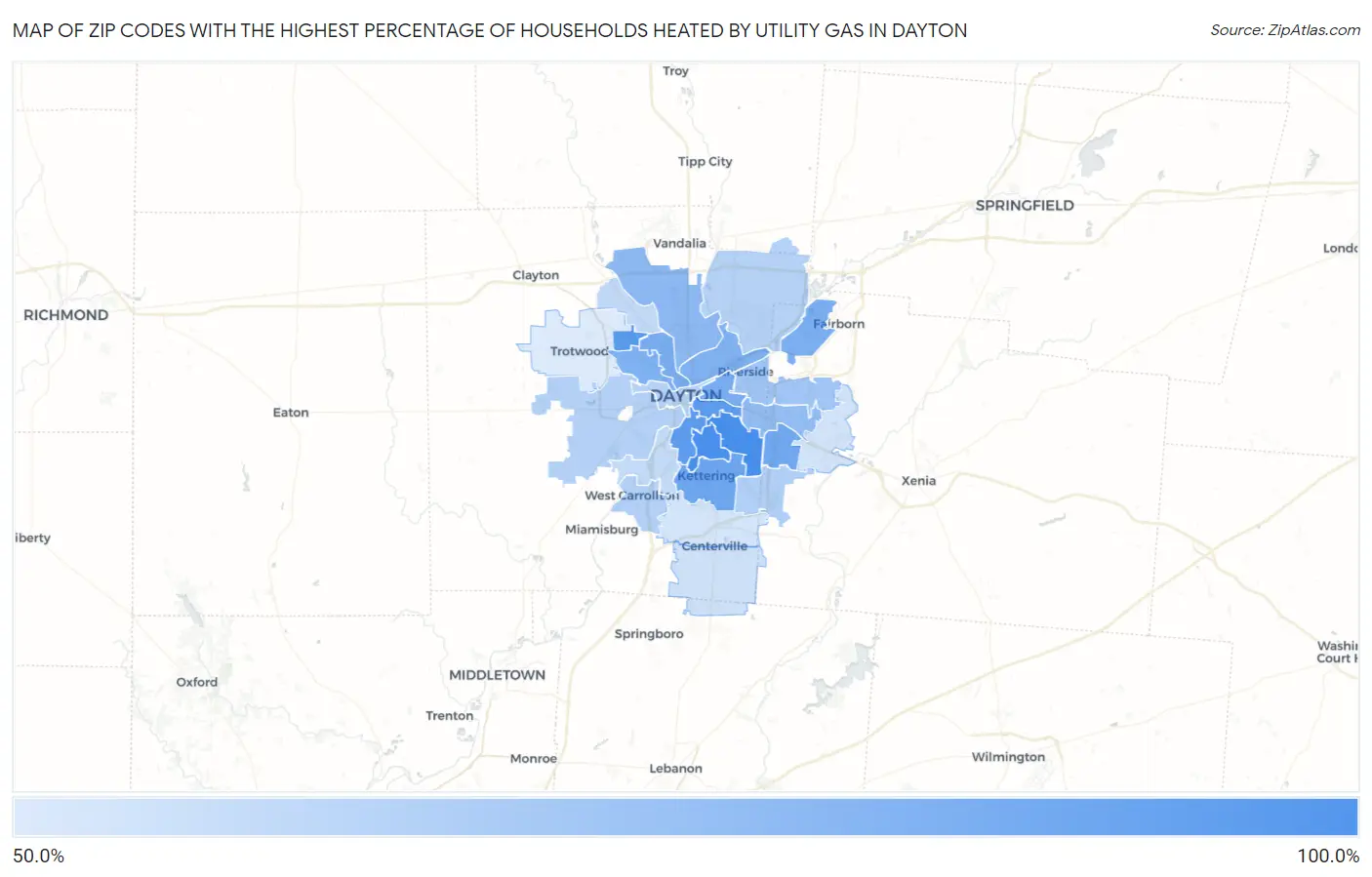Zip Codes with the Highest Percentage of Households Heated by Utility Gas in Dayton Map