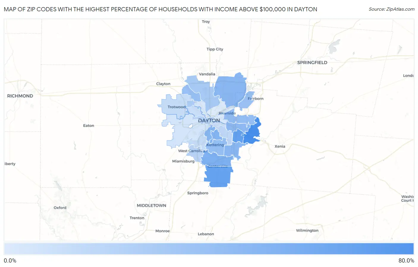 Zip Codes with the Highest Percentage of Households with Income Above $100,000 in Dayton Map