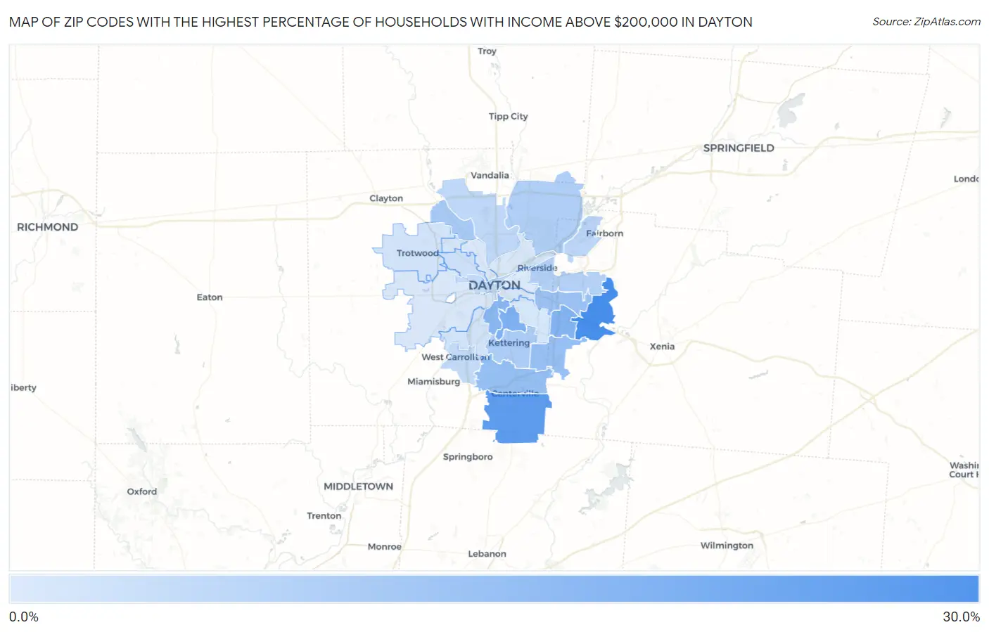 Zip Codes with the Highest Percentage of Households with Income Above $200,000 in Dayton Map
