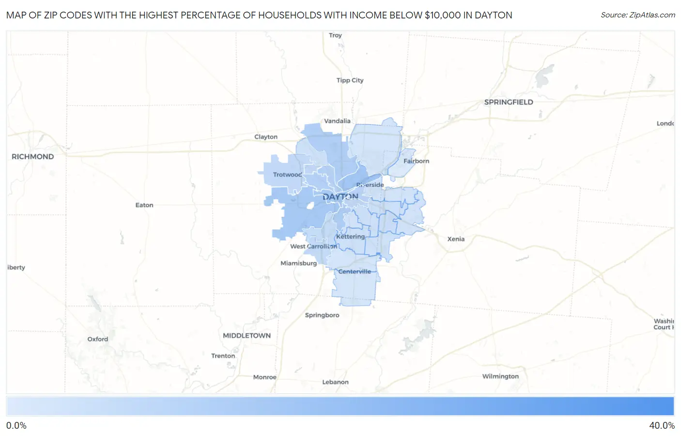 Zip Codes with the Highest Percentage of Households with Income Below $10,000 in Dayton Map