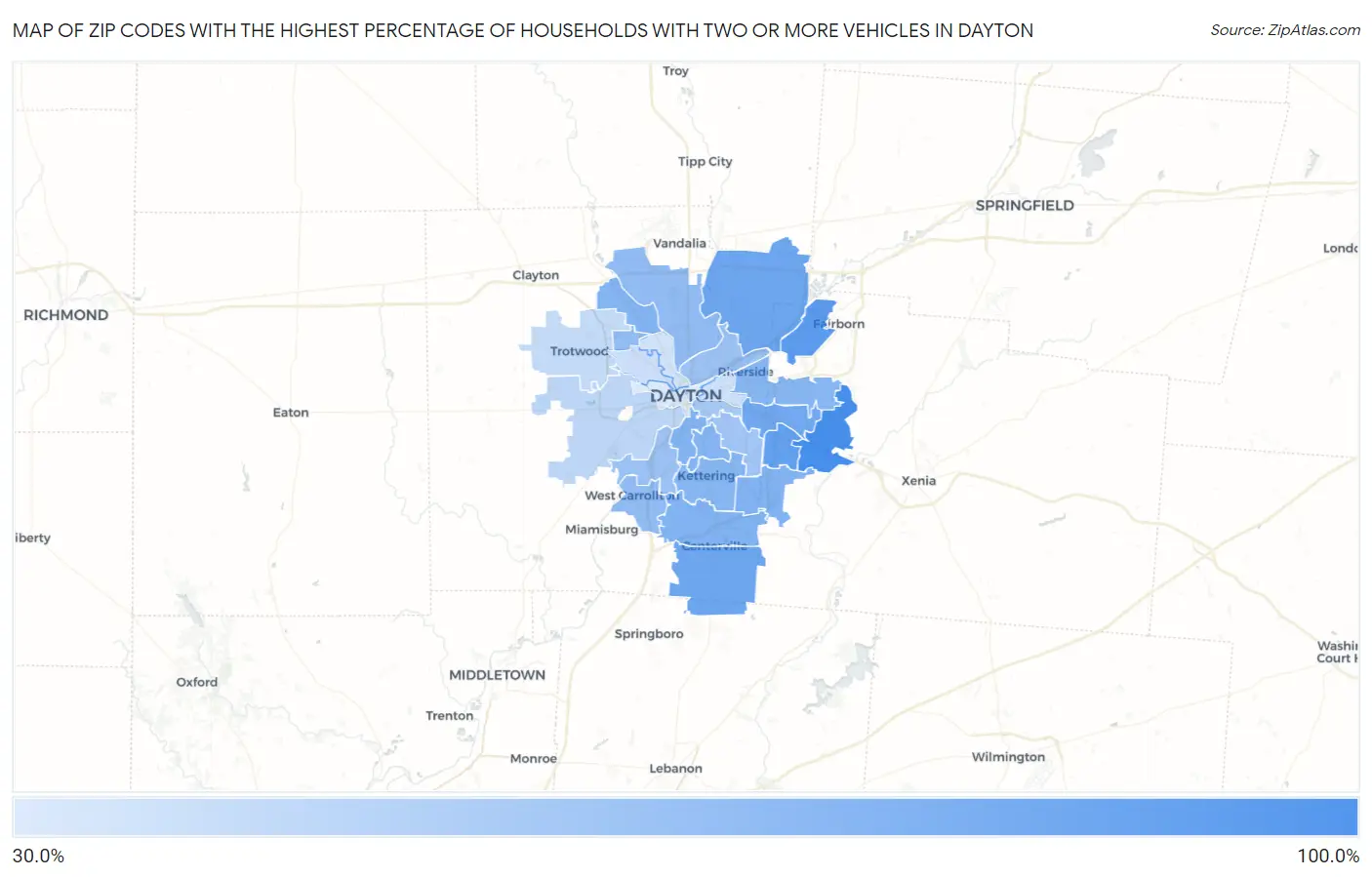 Zip Codes with the Highest Percentage of Households With Two or more Vehicles in Dayton Map