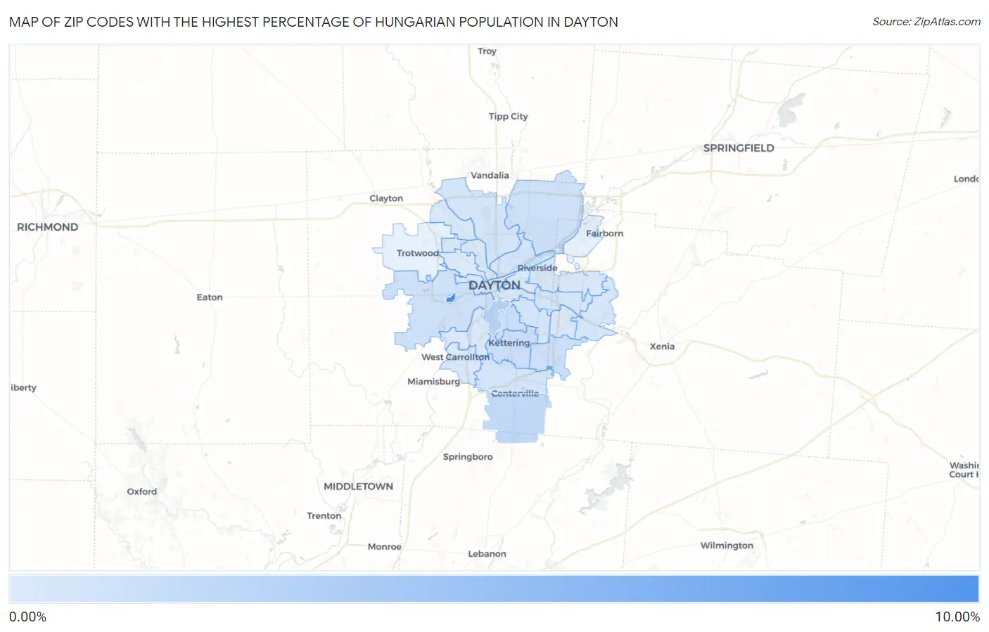 Zip Codes with the Highest Percentage of Hungarian Population in Dayton Map