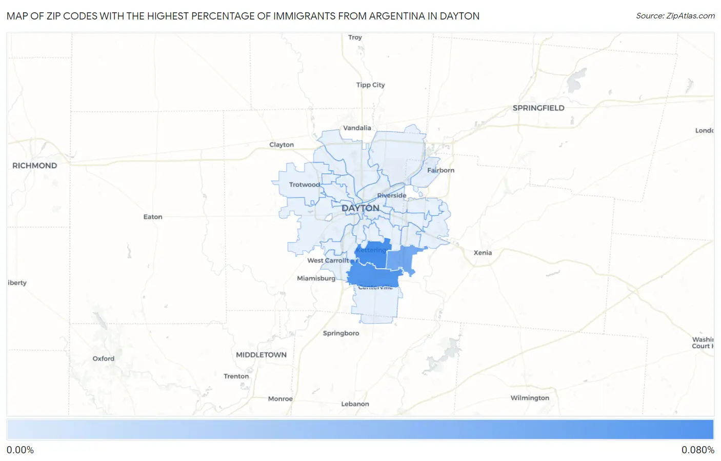 Zip Codes with the Highest Percentage of Immigrants from Argentina in Dayton Map