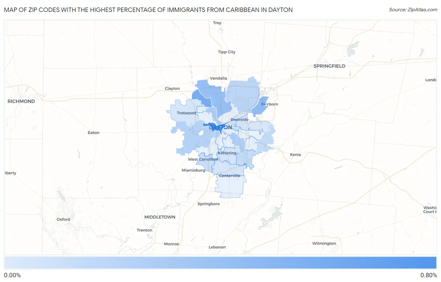 Zip Codes with the Highest Percentage of Immigrants from Caribbean in Dayton Map