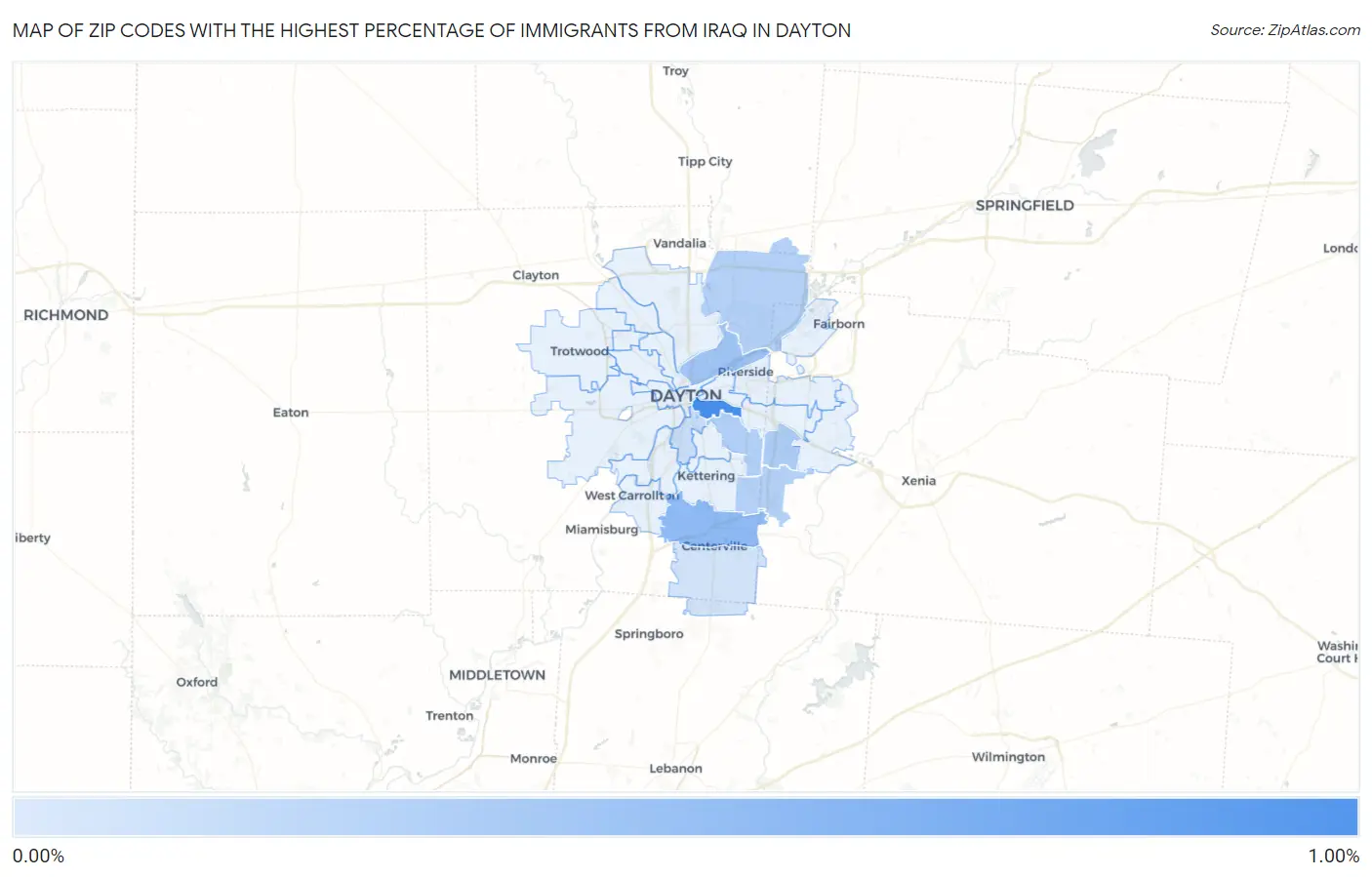 Zip Codes with the Highest Percentage of Immigrants from Iraq in Dayton Map