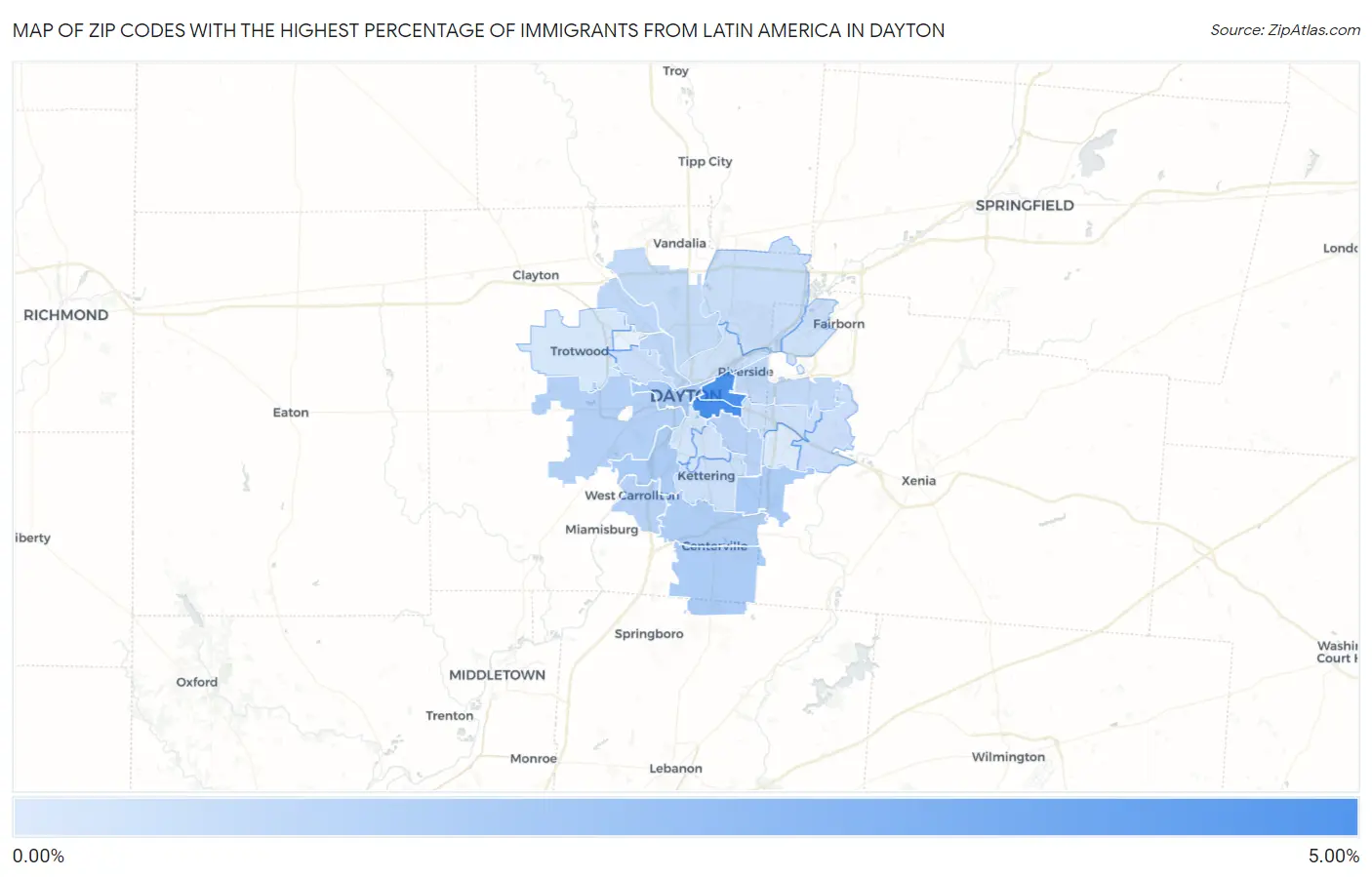 Zip Codes with the Highest Percentage of Immigrants from Latin America in Dayton Map