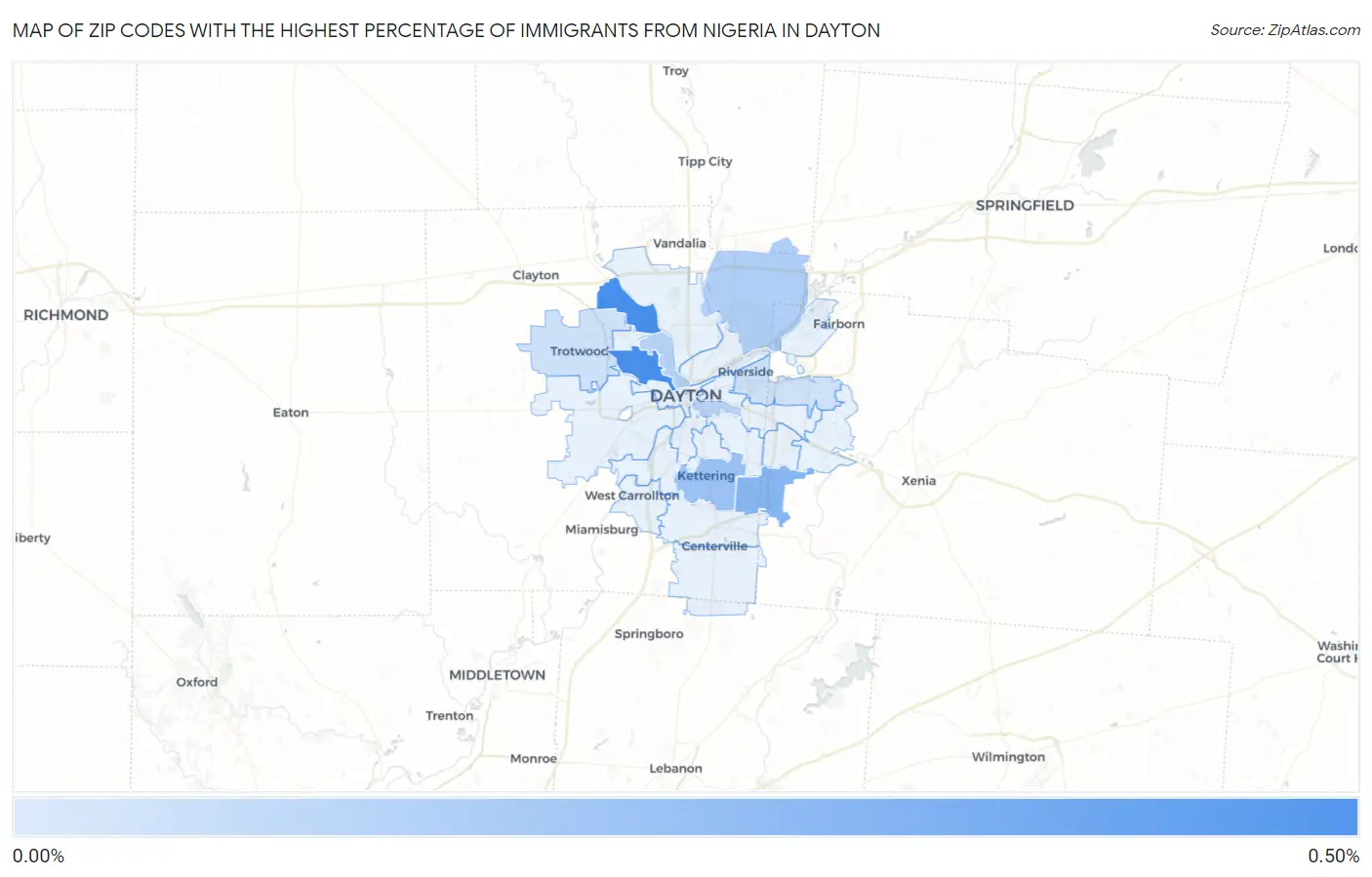Zip Codes with the Highest Percentage of Immigrants from Nigeria in Dayton Map