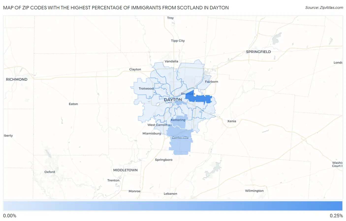 Zip Codes with the Highest Percentage of Immigrants from Scotland in Dayton Map