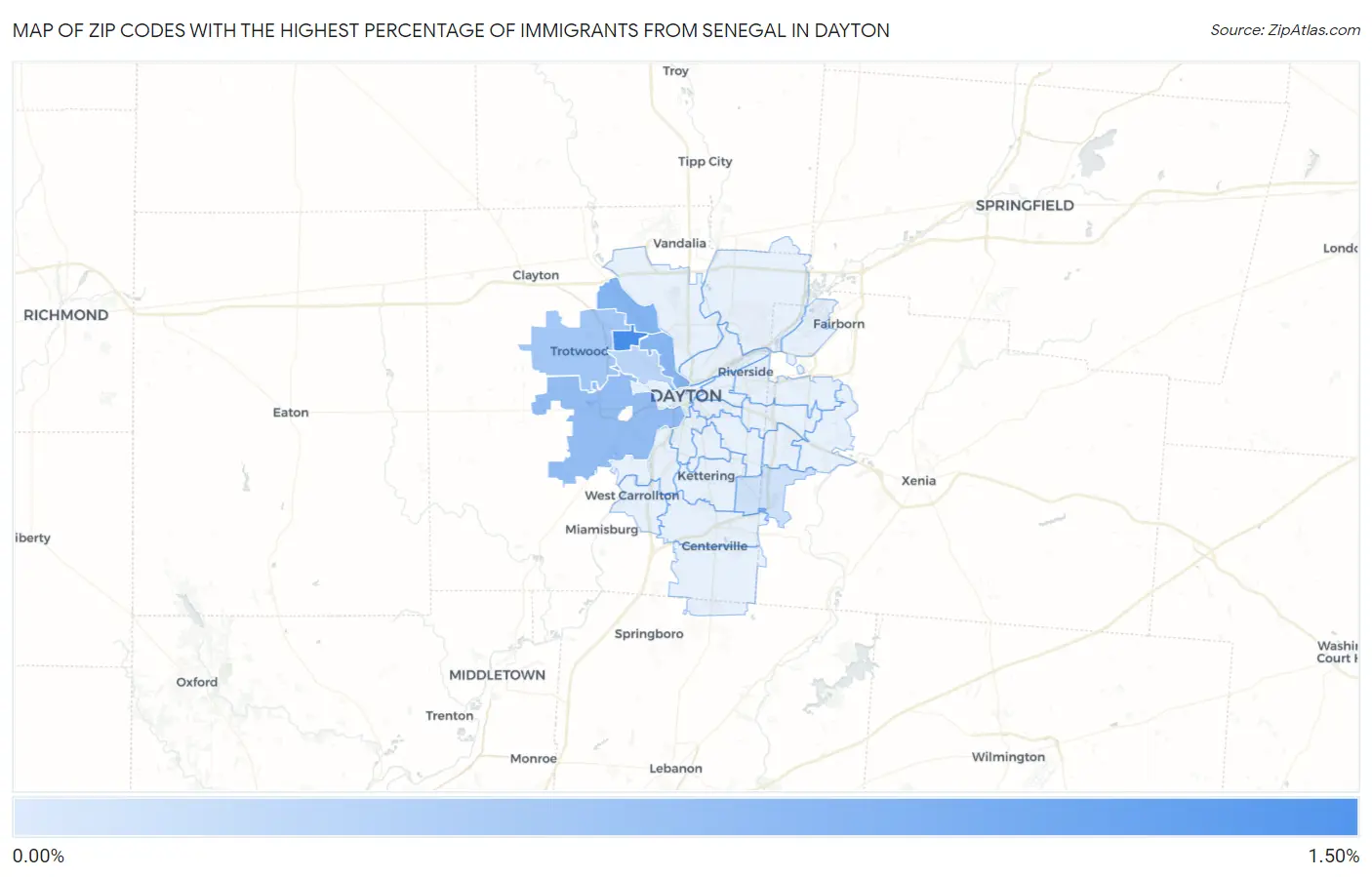 Zip Codes with the Highest Percentage of Immigrants from Senegal in Dayton Map