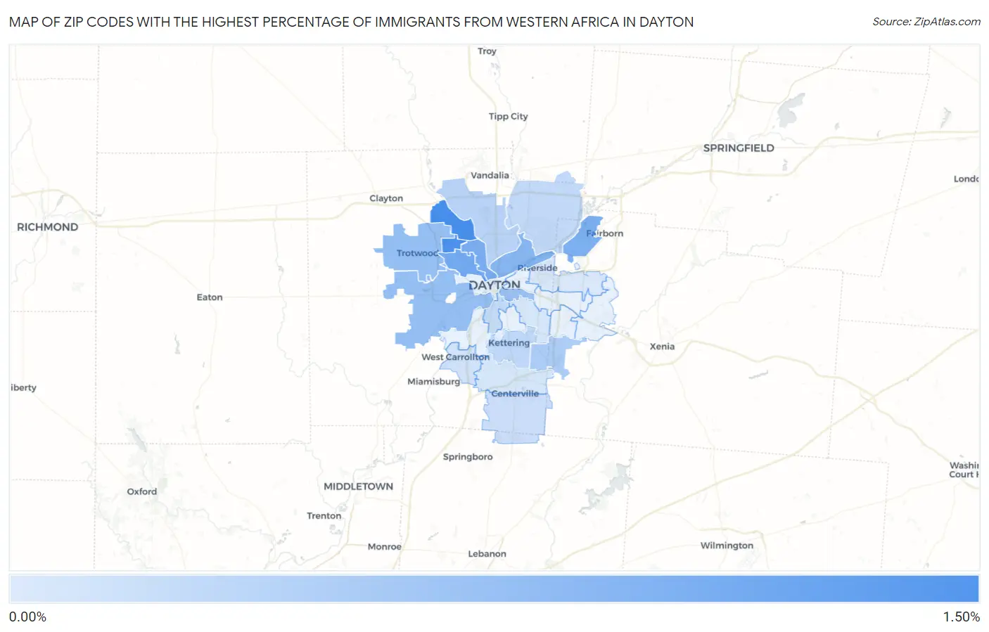Zip Codes with the Highest Percentage of Immigrants from Western Africa in Dayton Map