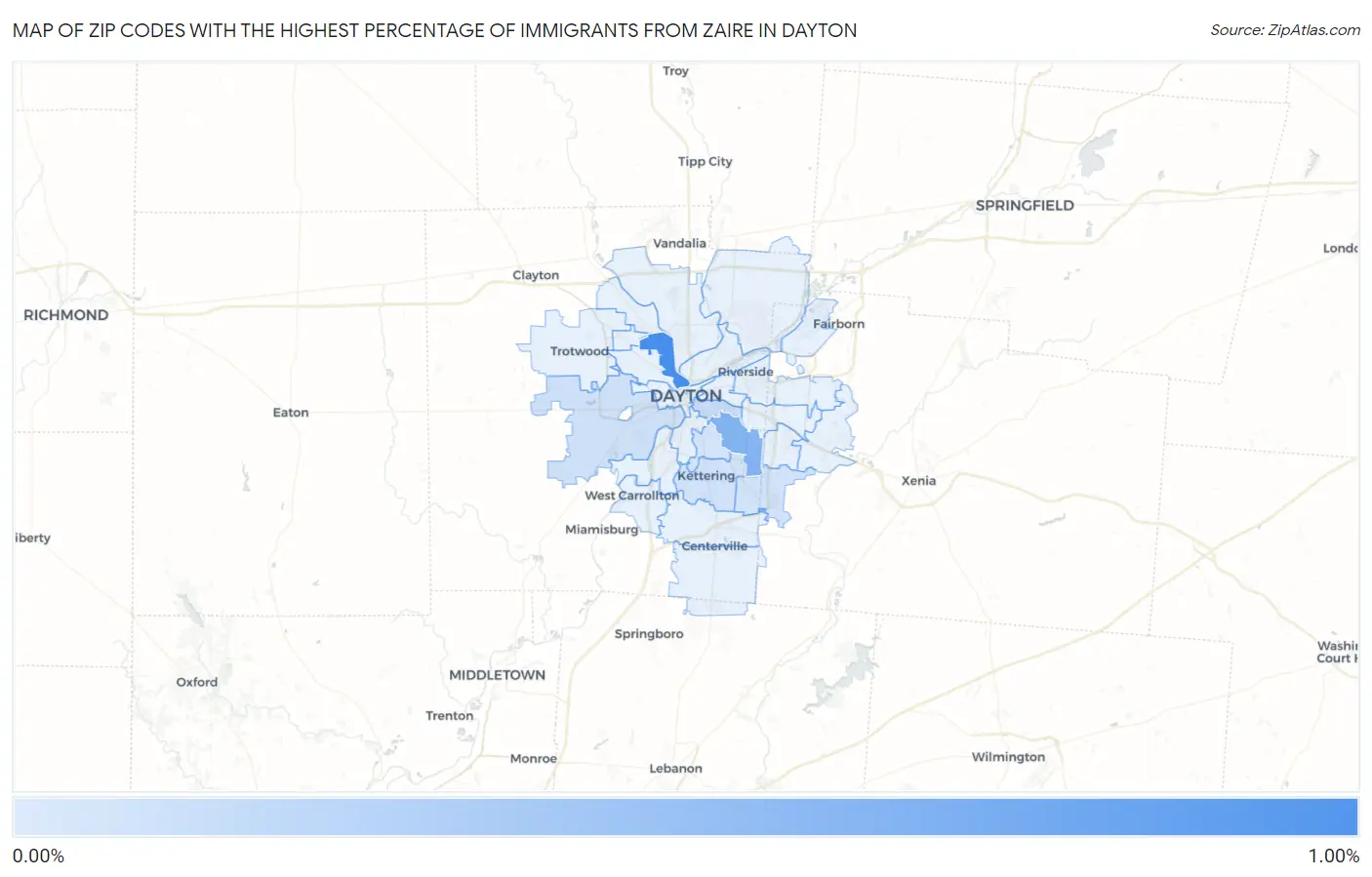 Zip Codes with the Highest Percentage of Immigrants from Zaire in Dayton Map