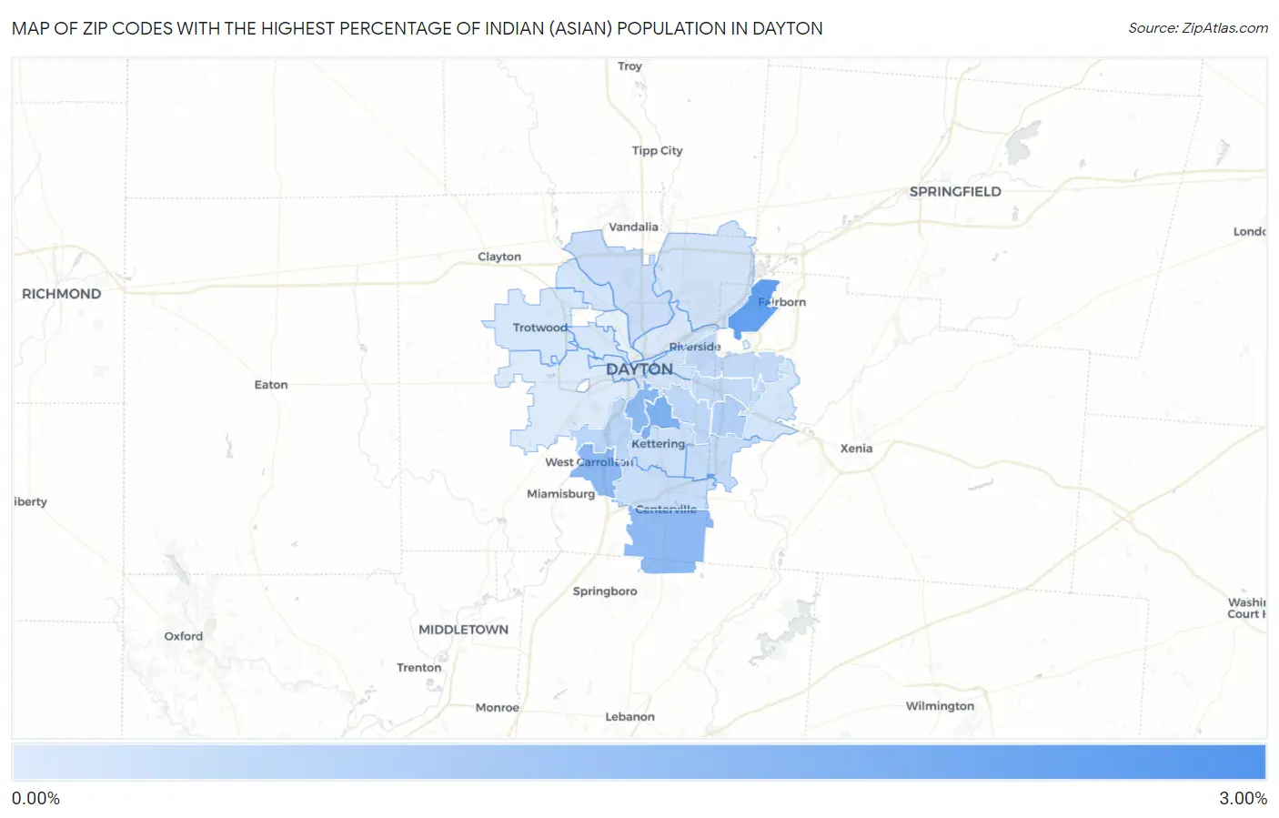 Zip Codes with the Highest Percentage of Indian (Asian) Population in Dayton Map