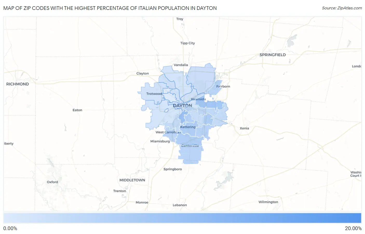 Zip Codes with the Highest Percentage of Italian Population in Dayton Map