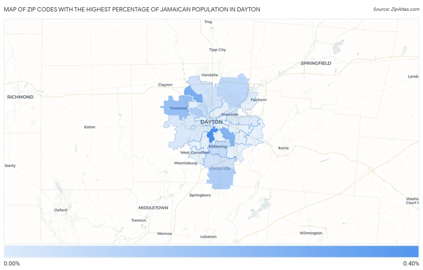 Zip Codes with the Highest Percentage of Jamaican Population in Dayton Map