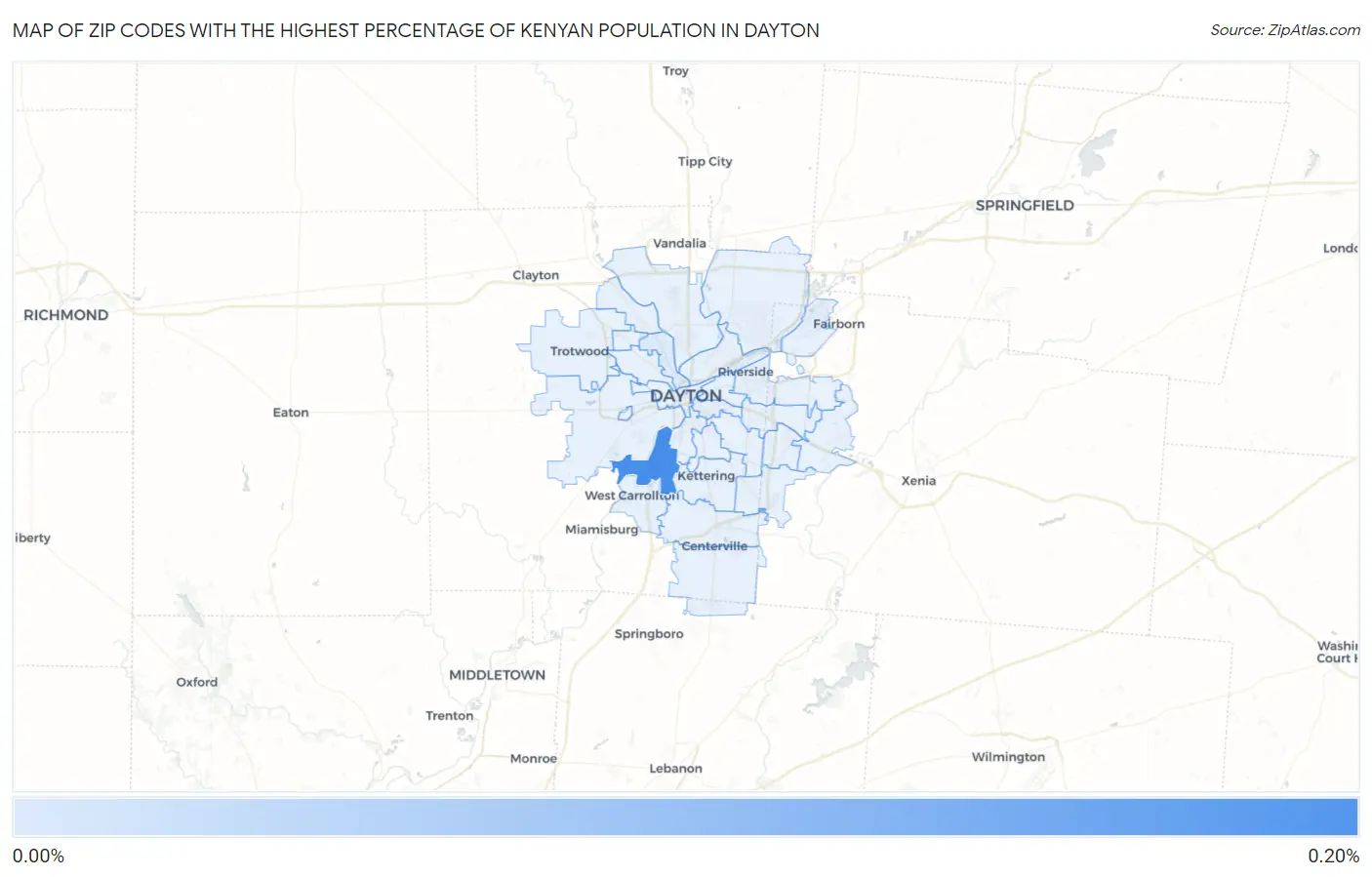 Zip Codes with the Highest Percentage of Kenyan Population in Dayton Map
