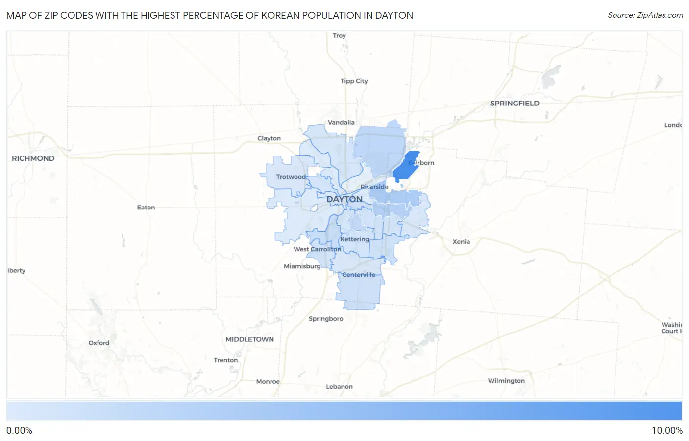 Zip Codes with the Highest Percentage of Korean Population in Dayton Map