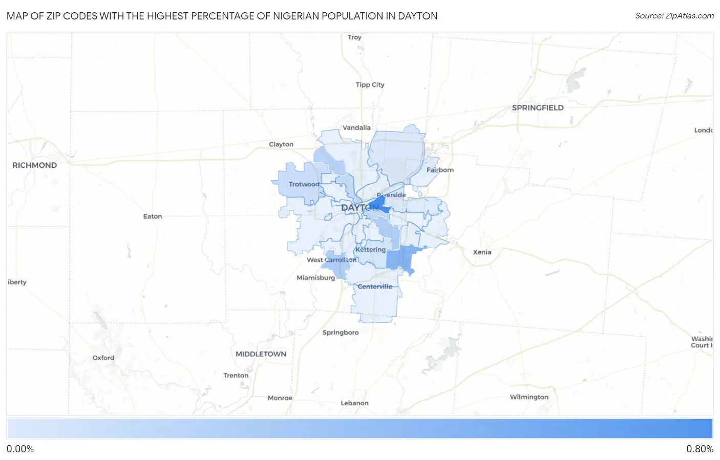 Zip Codes with the Highest Percentage of Nigerian Population in Dayton Map