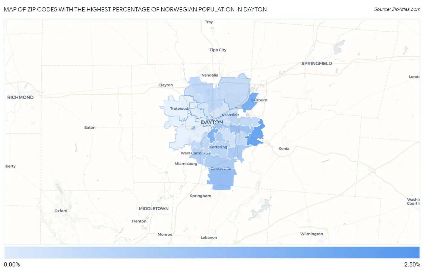 Zip Codes with the Highest Percentage of Norwegian Population in Dayton Map