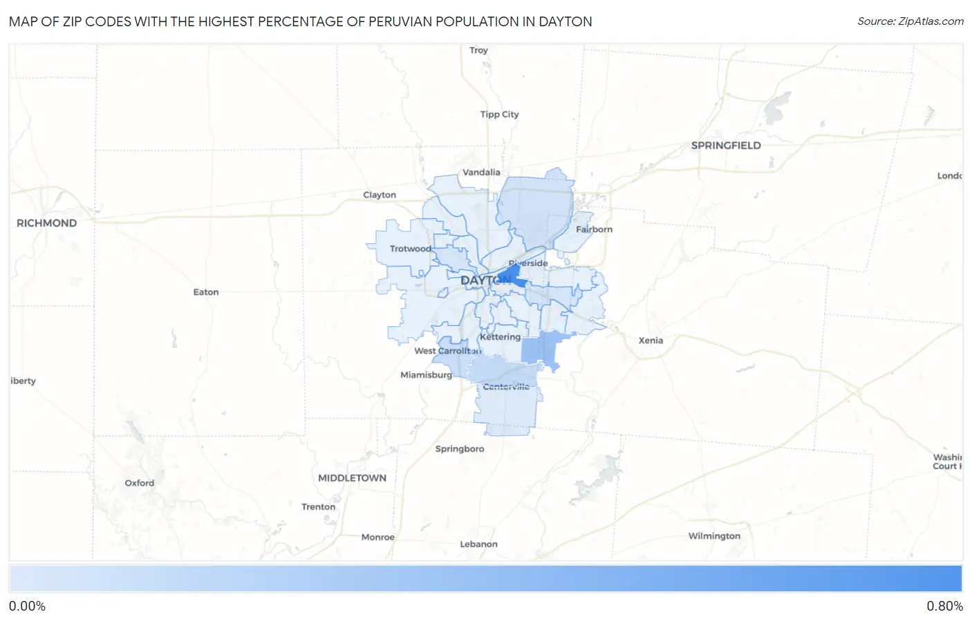 Zip Codes with the Highest Percentage of Peruvian Population in Dayton Map