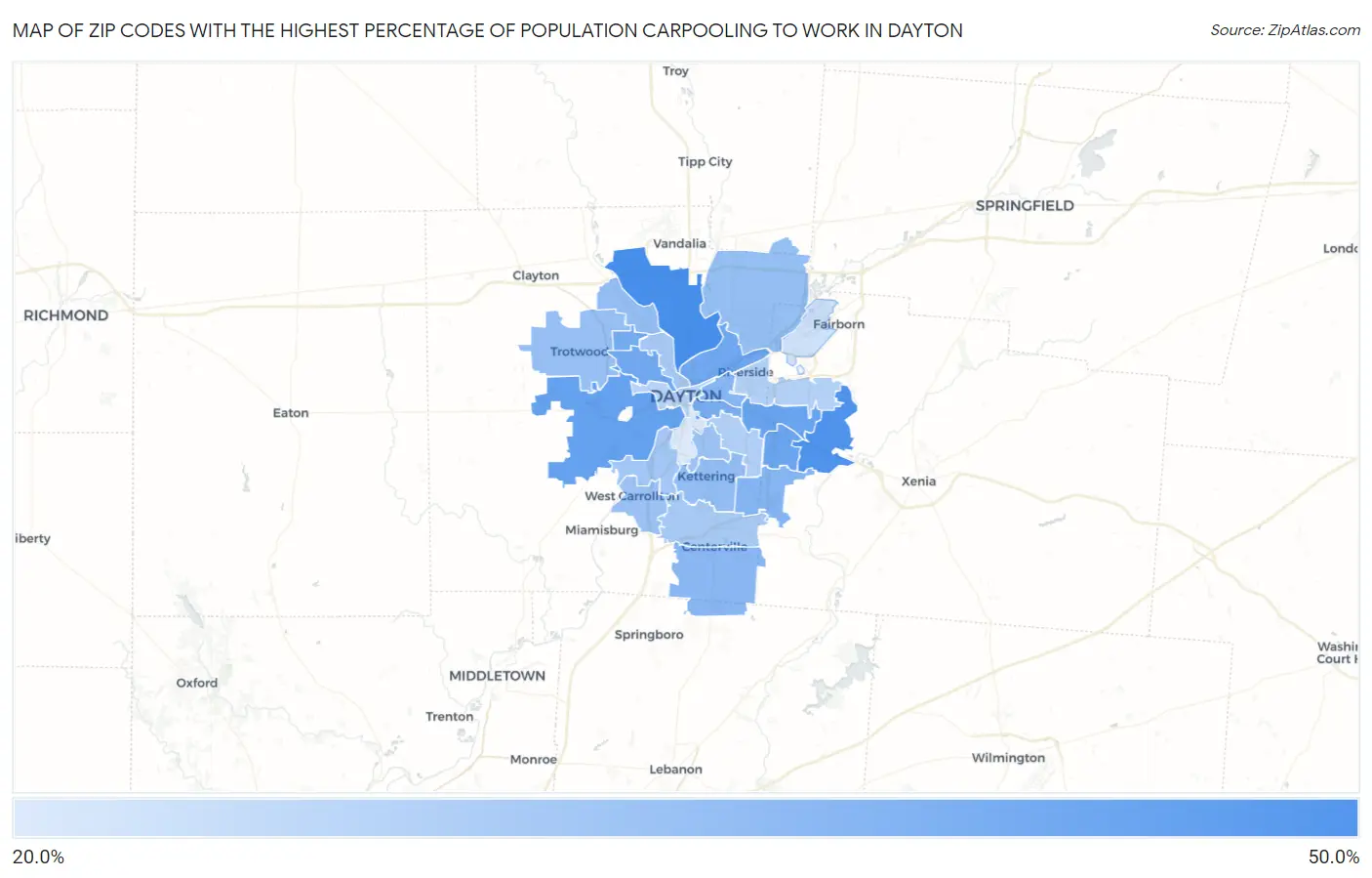 Zip Codes with the Highest Percentage of Population Carpooling to Work in Dayton Map