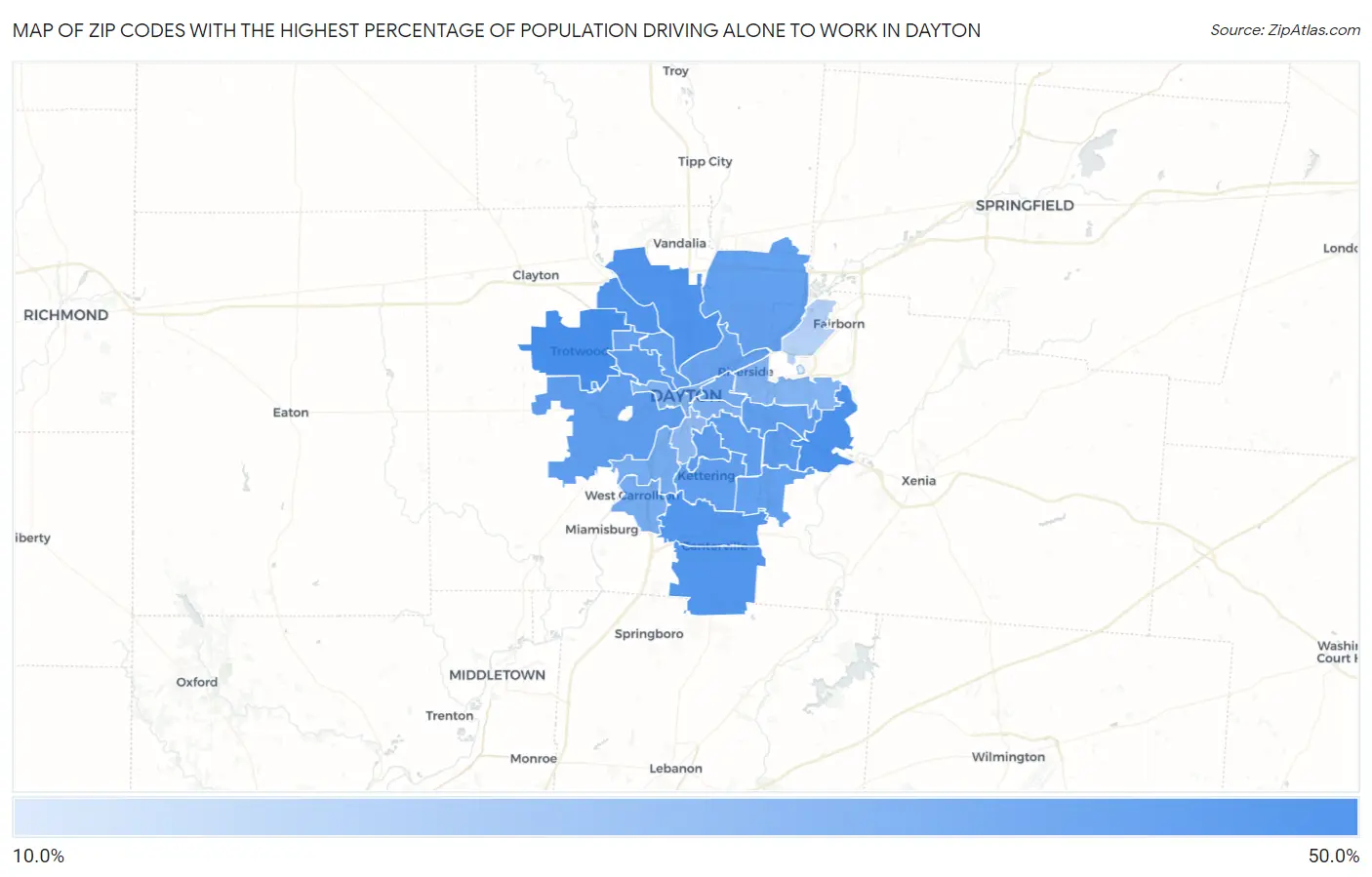 Zip Codes with the Highest Percentage of Population Driving Alone to Work in Dayton Map