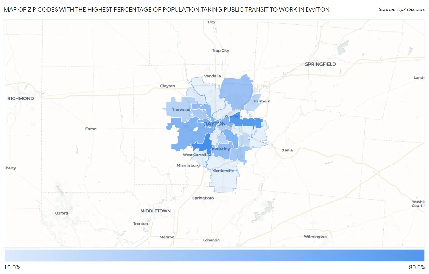 Zip Codes with the Highest Percentage of Population Taking Public Transit to Work in Dayton Map