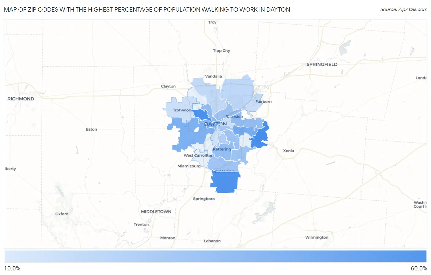 Zip Codes with the Highest Percentage of Population Walking to Work in Dayton Map