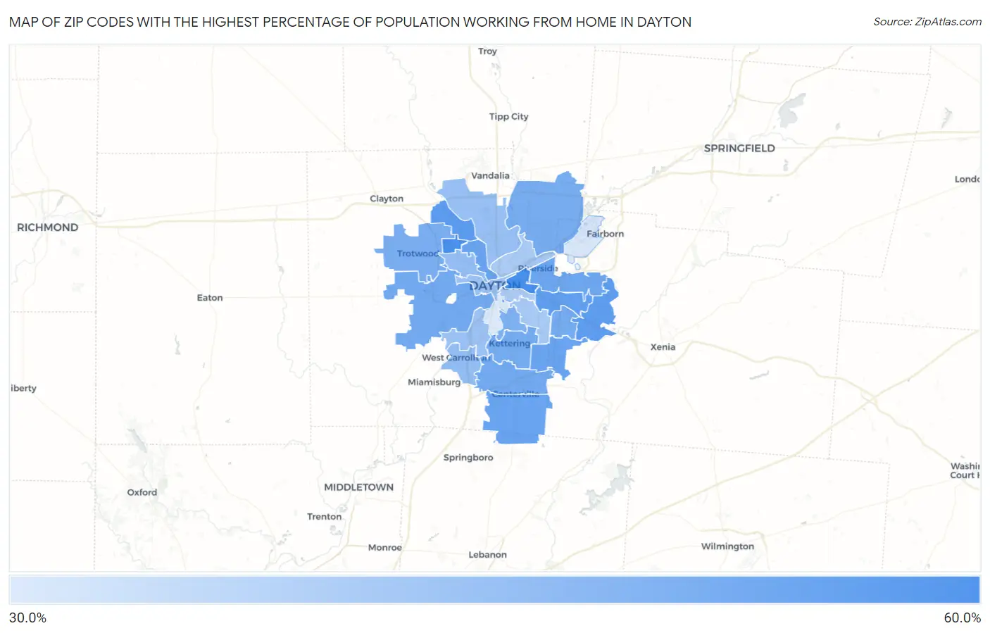 Zip Codes with the Highest Percentage of Population Working from Home in Dayton Map