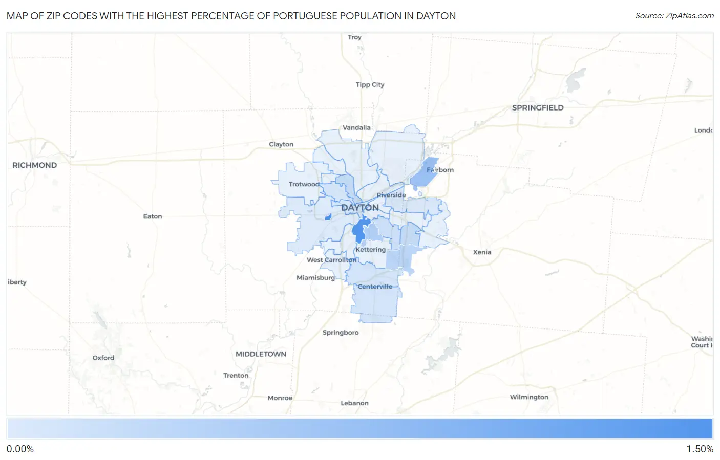 Zip Codes with the Highest Percentage of Portuguese Population in Dayton Map