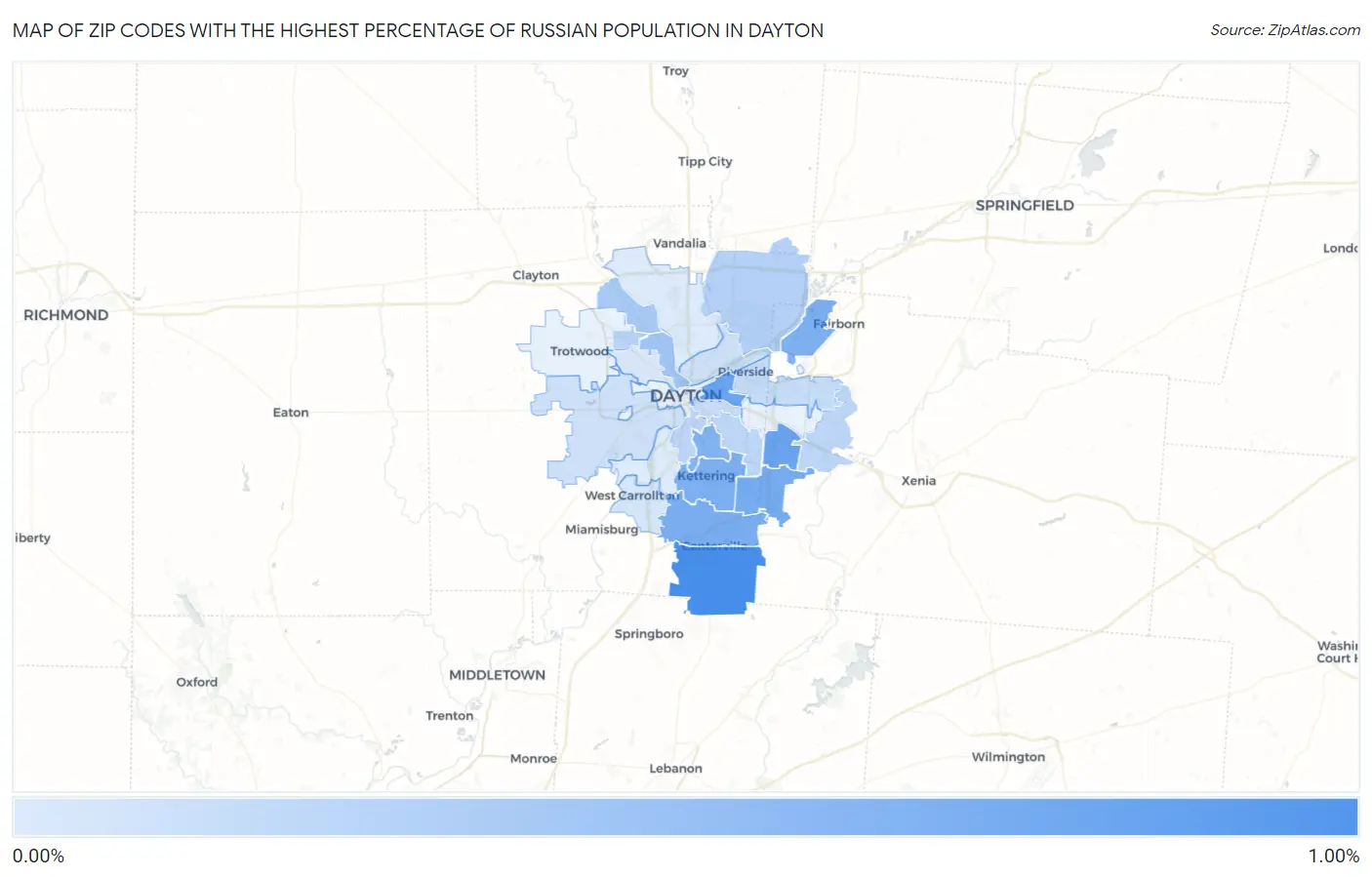 Zip Codes with the Highest Percentage of Russian Population in Dayton Map
