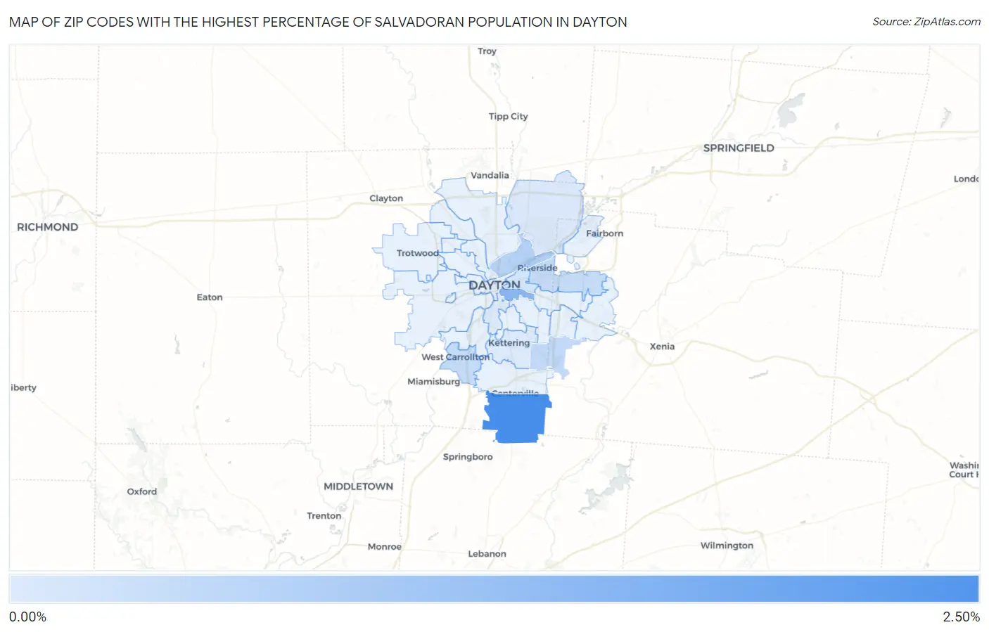 Zip Codes with the Highest Percentage of Salvadoran Population in Dayton Map