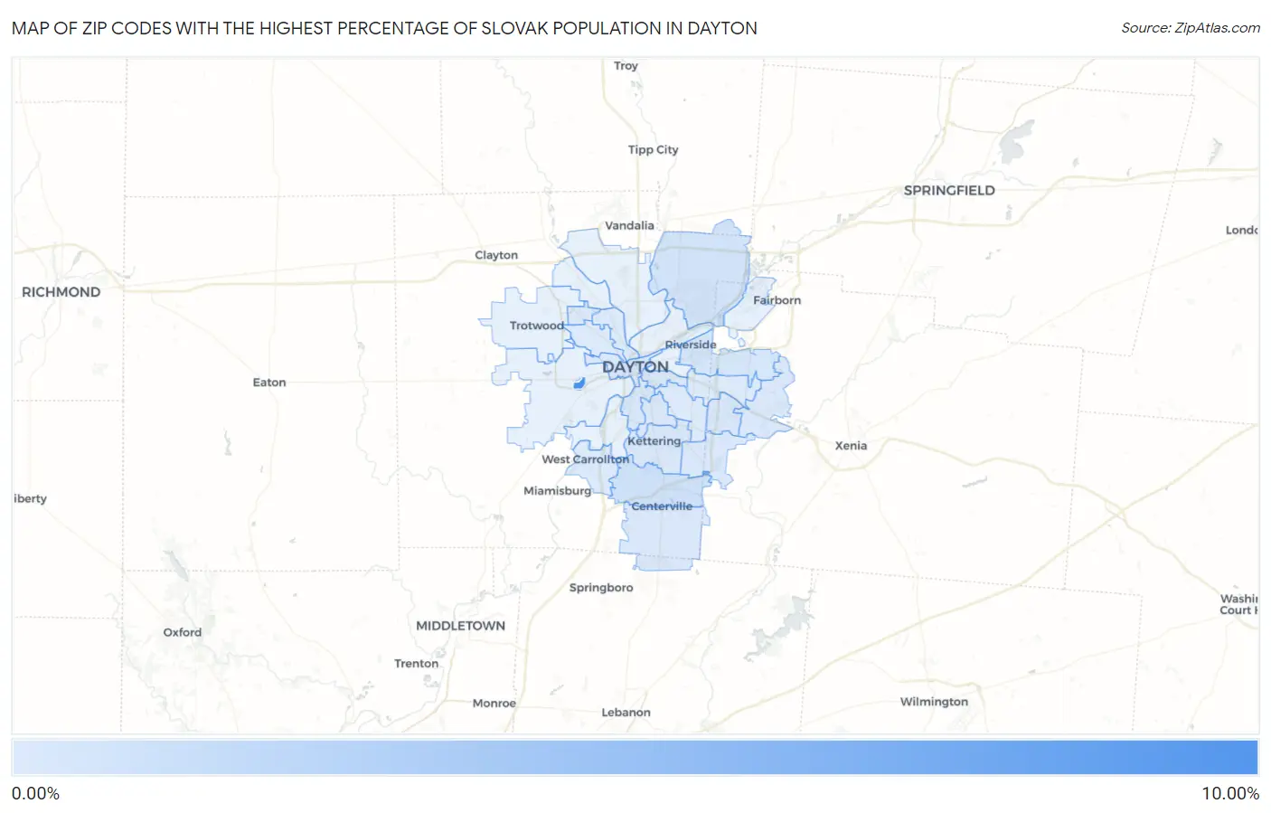 Zip Codes with the Highest Percentage of Slovak Population in Dayton Map