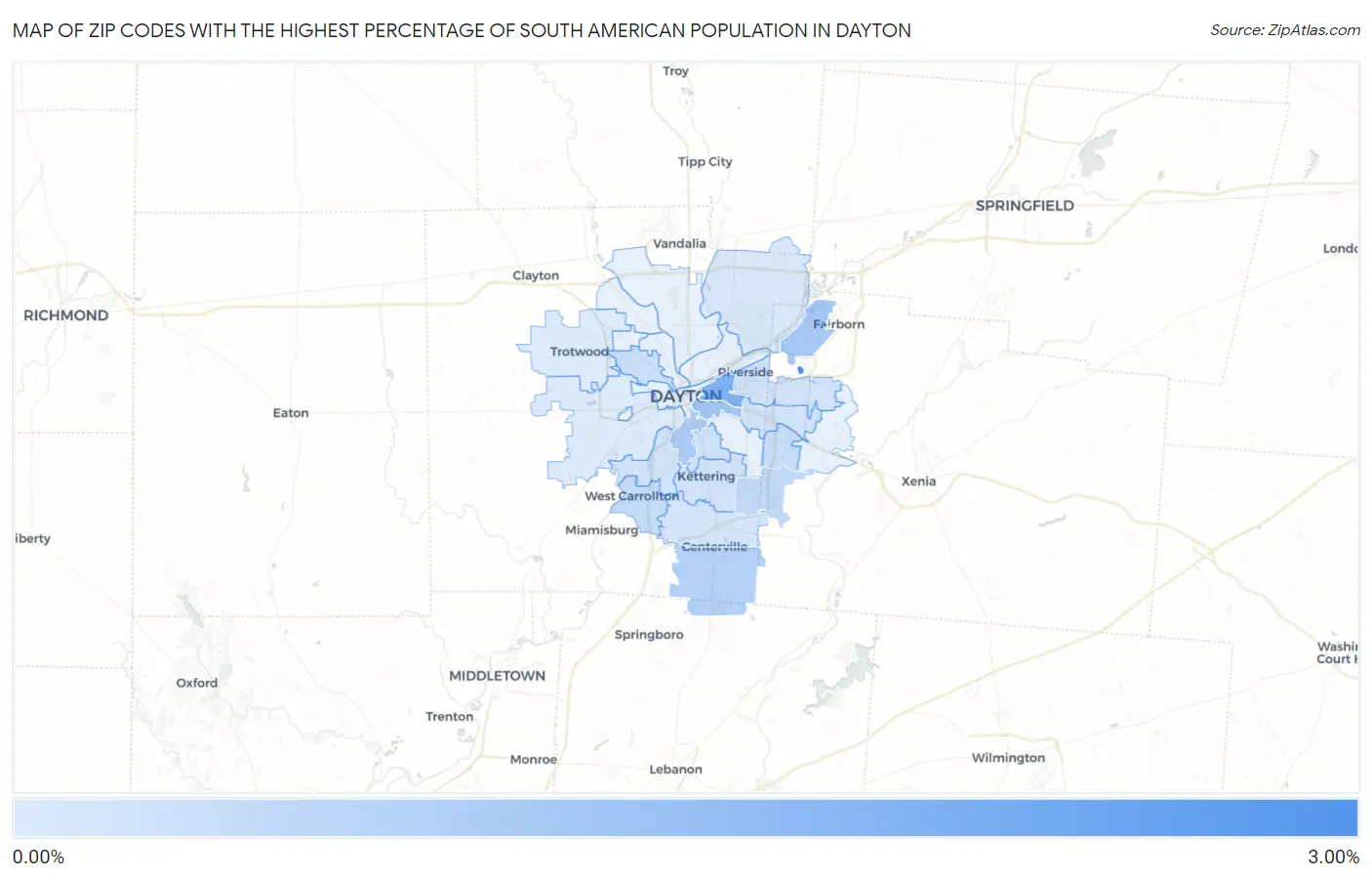 Zip Codes with the Highest Percentage of South American Population in Dayton Map