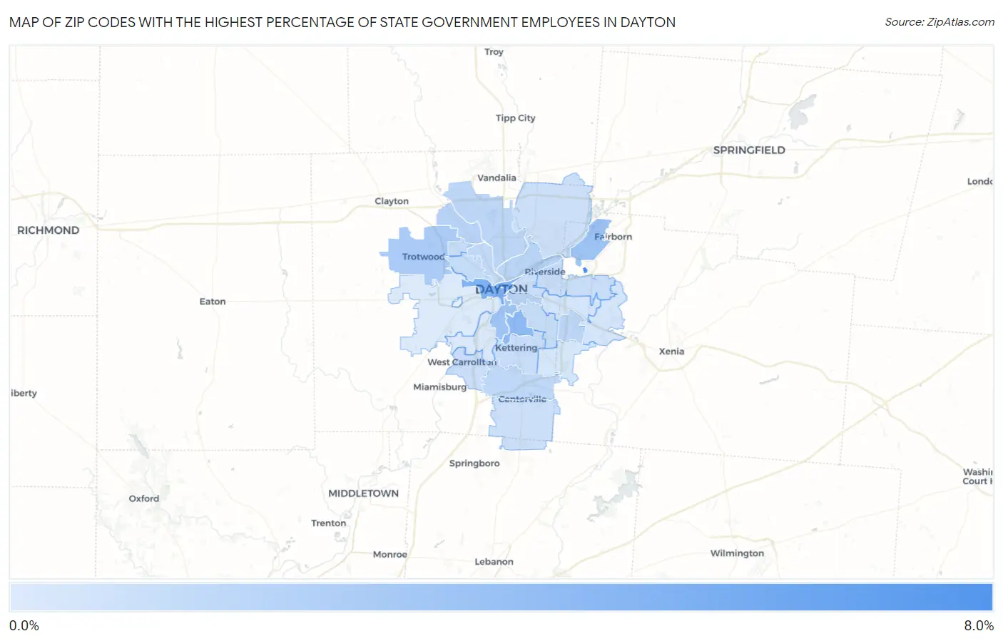 Zip Codes with the Highest Percentage of State Government Employees in Dayton Map