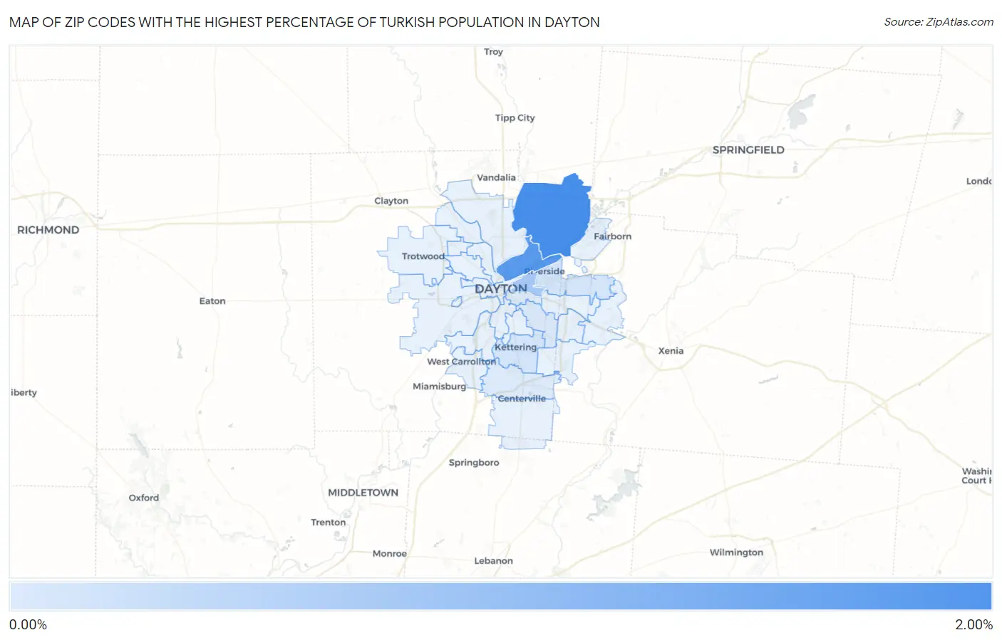 Zip Codes with the Highest Percentage of Turkish Population in Dayton Map