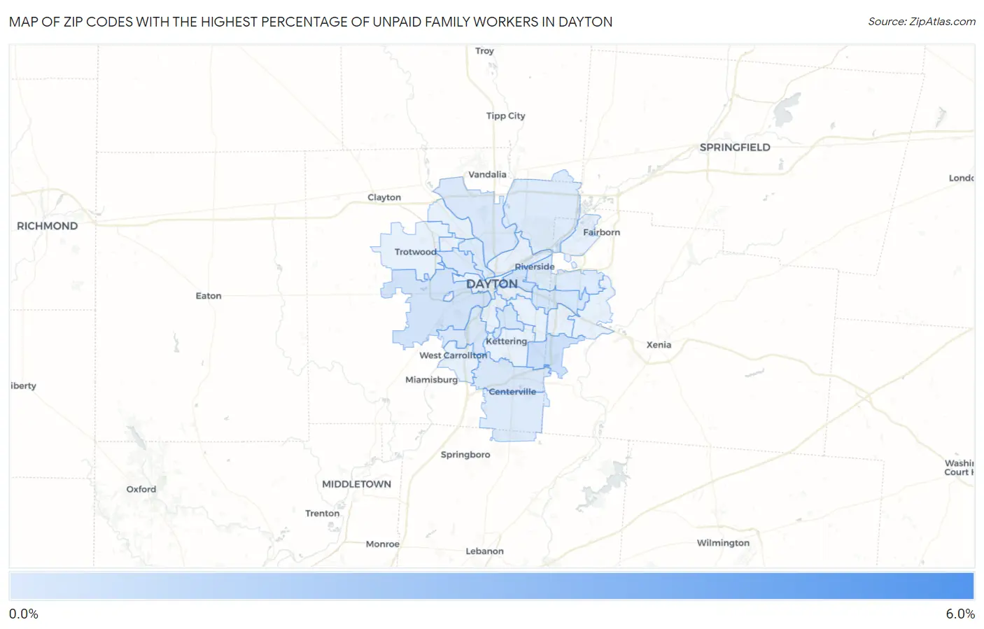 Zip Codes with the Highest Percentage of Unpaid Family Workers in Dayton Map