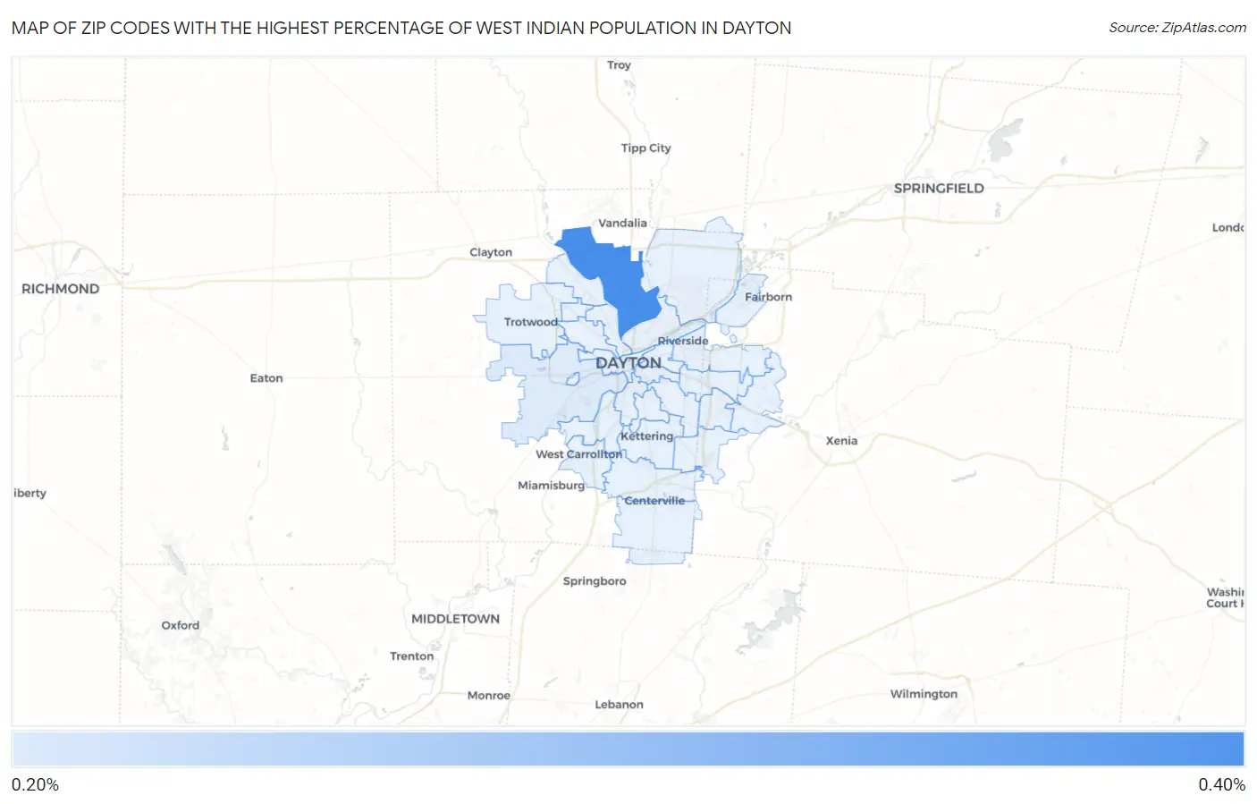 Zip Codes with the Highest Percentage of West Indian Population in Dayton Map