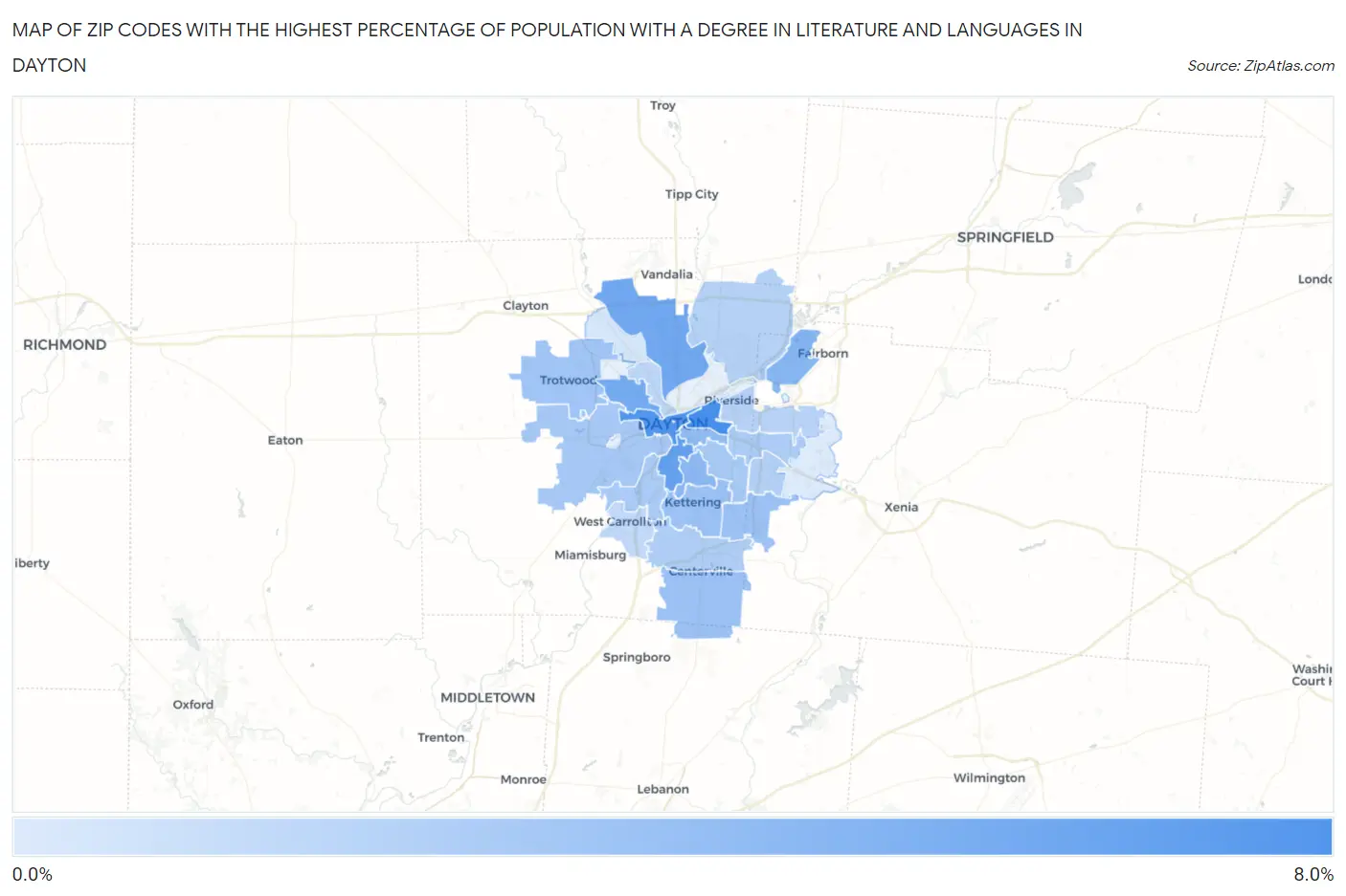Zip Codes with the Highest Percentage of Population with a Degree in Literature and Languages in Dayton Map