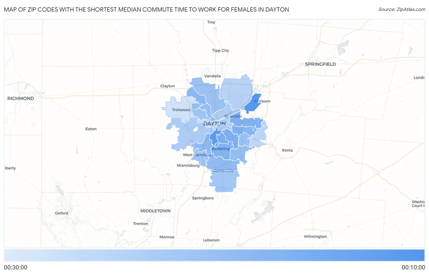Zip Codes with the Shortest Median Commute Time to Work for Females in Dayton Map