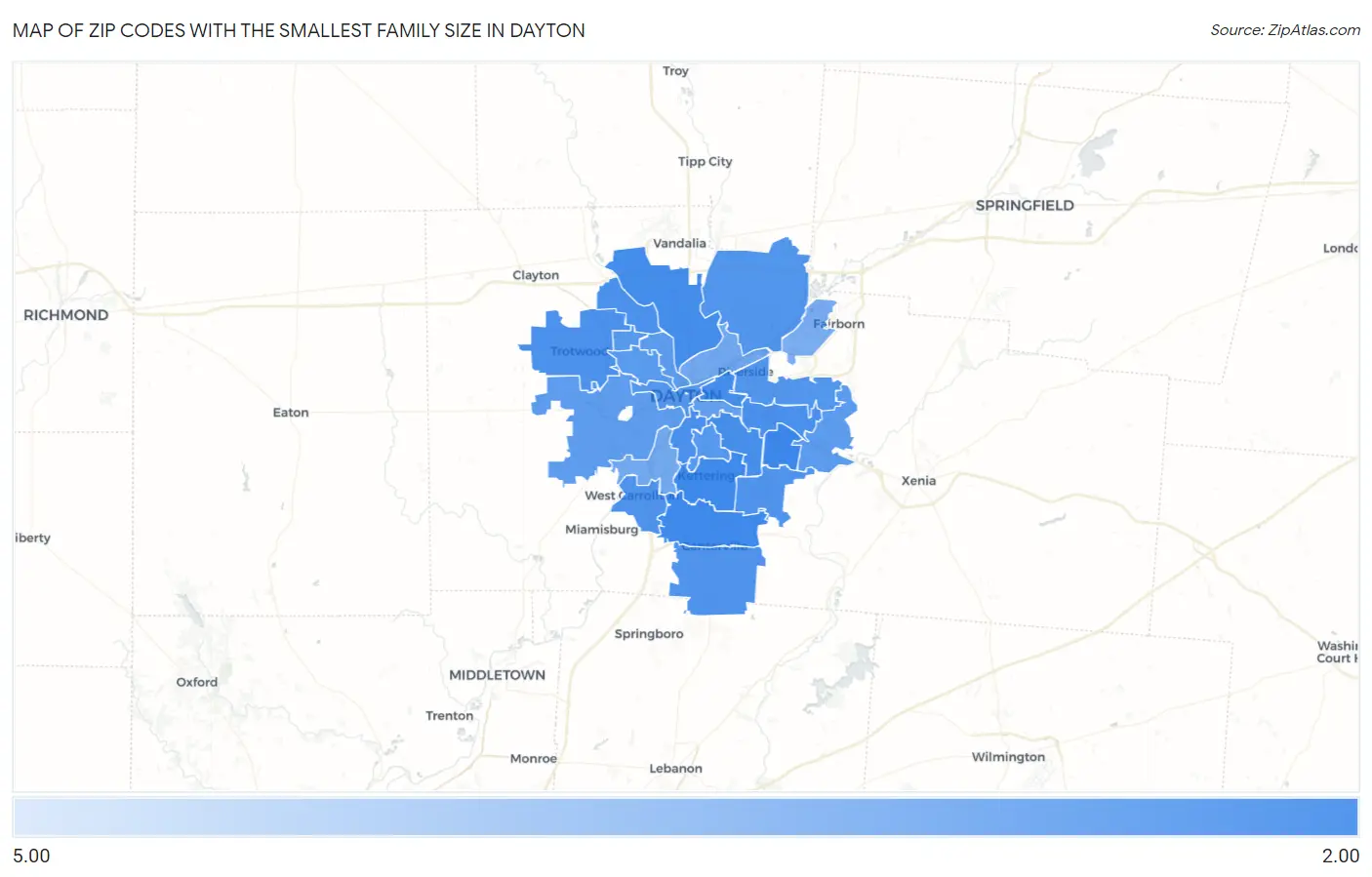 Zip Codes with the Smallest Family Size in Dayton Map