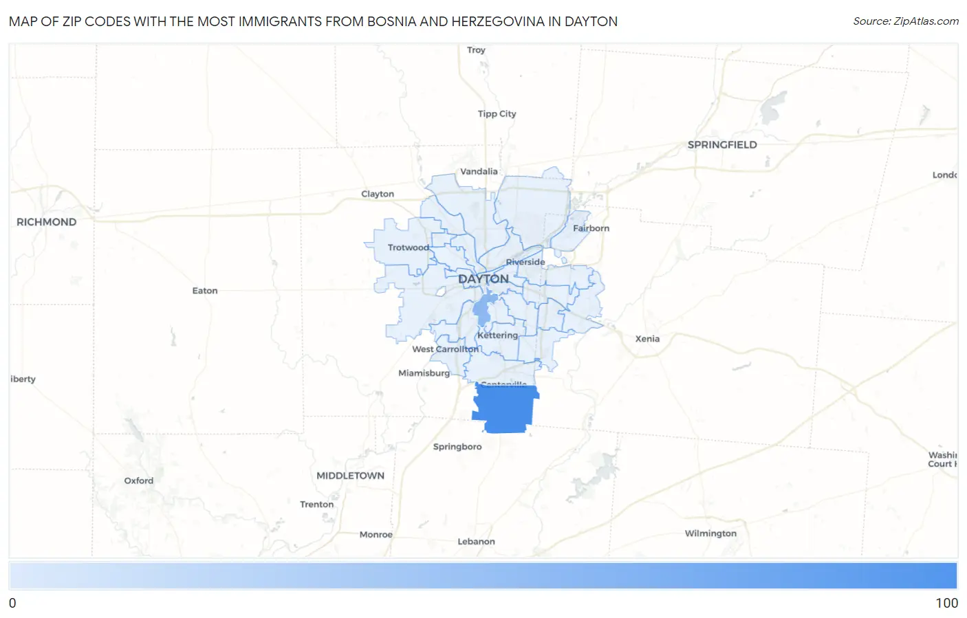 Zip Codes with the Most Immigrants from Bosnia and Herzegovina in Dayton Map
