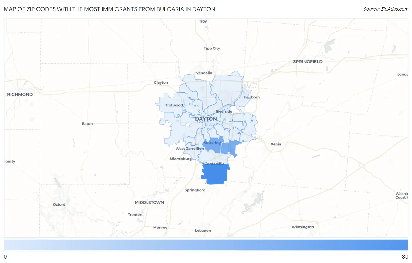 Zip Codes with the Most Immigrants from Bulgaria in Dayton Map