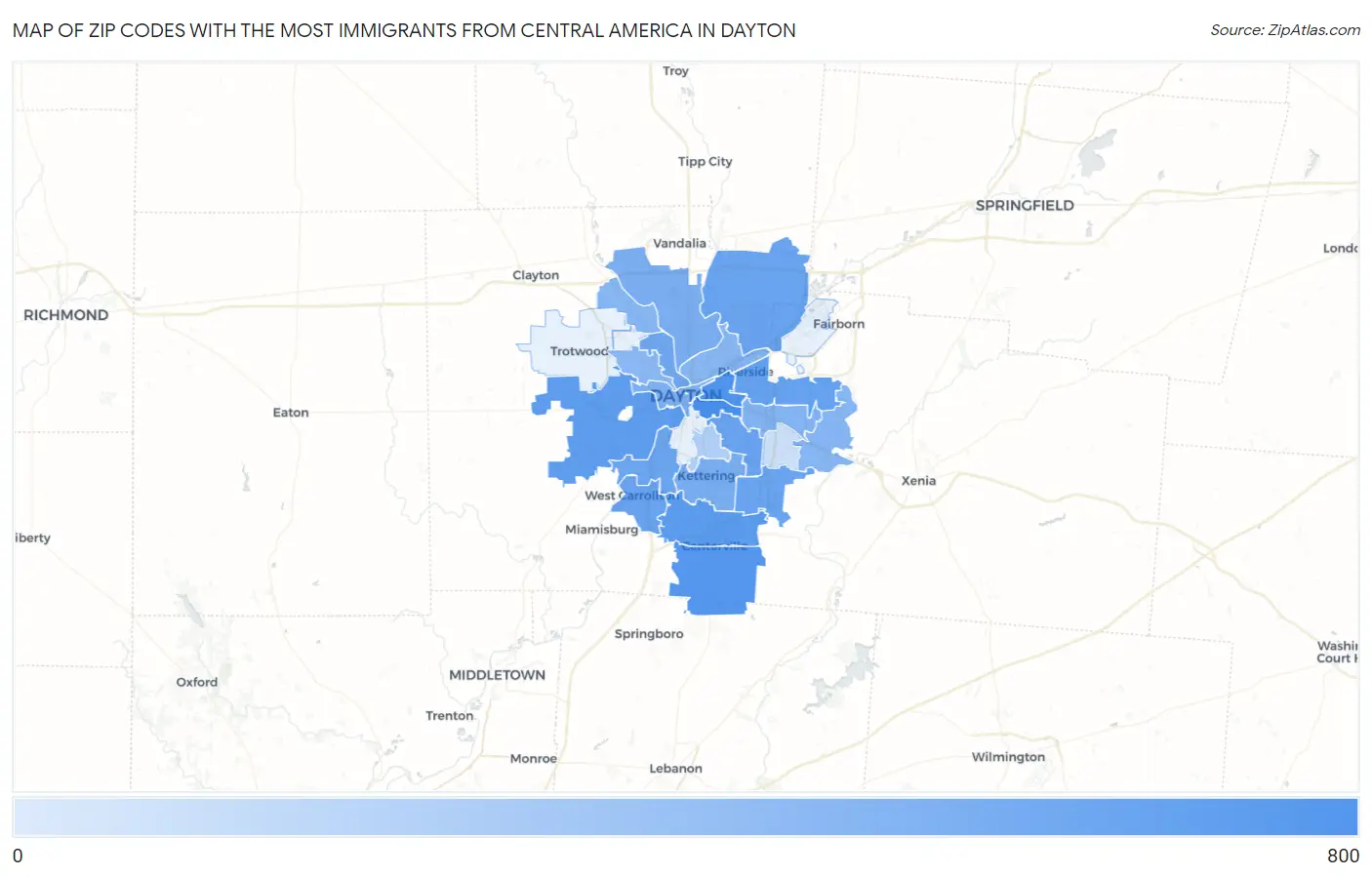 Zip Codes with the Most Immigrants from Central America in Dayton Map