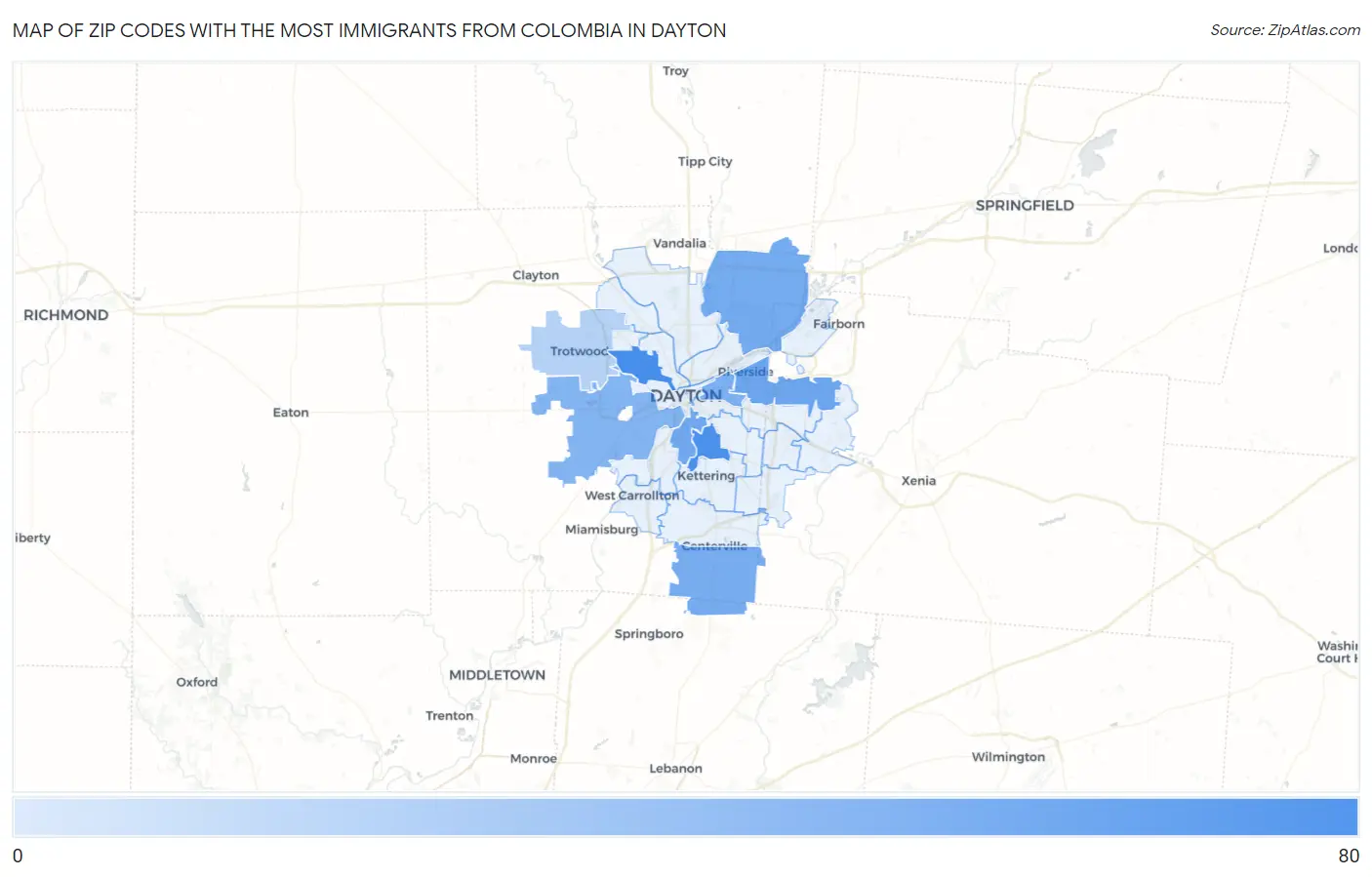 Zip Codes with the Most Immigrants from Colombia in Dayton Map